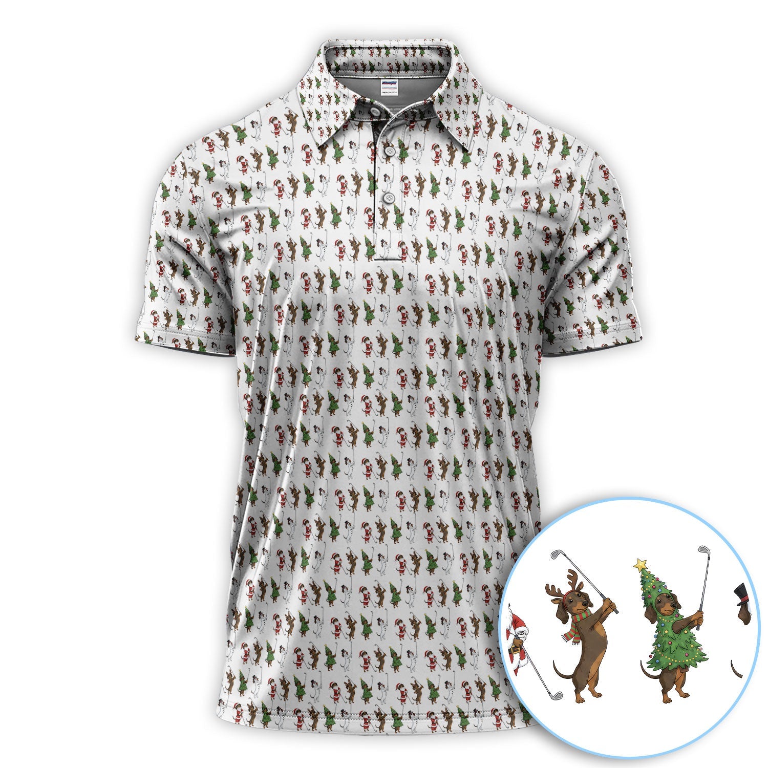 Dachshund Christmas Golf Polos, Funny Wiener Dog Golf Pattern Shirt For Golfer, Golf Gift For Men