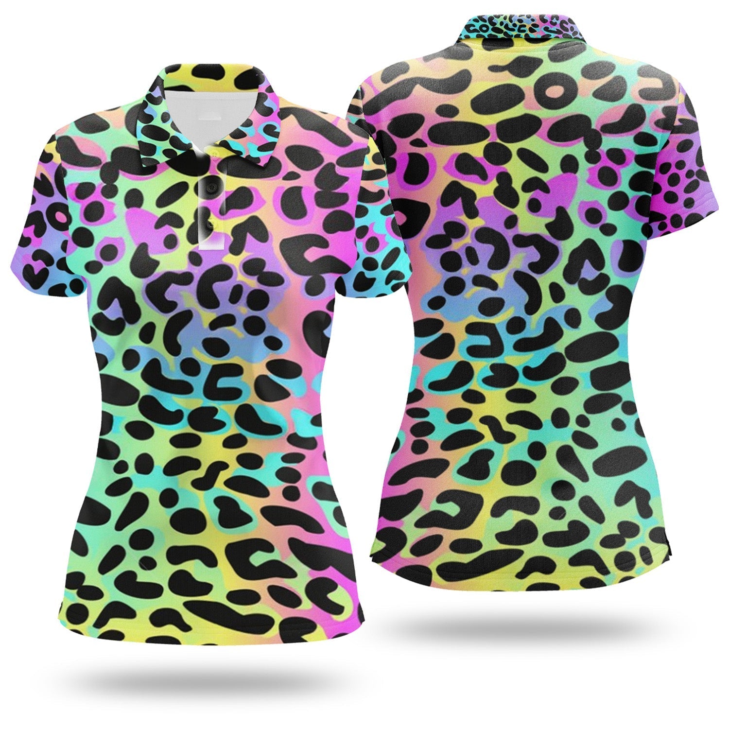 Rainbow Leopard Print Womens Golf Polo ShirtGolfing Apparel, Womens Golf Gifts