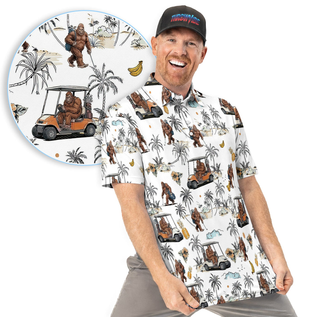 Funny Bigfoot Golf Cart Tropical Pattern Golf Shirt, Sasquatch Golfer Palm Golf Shirt For Men, Golfer Gift