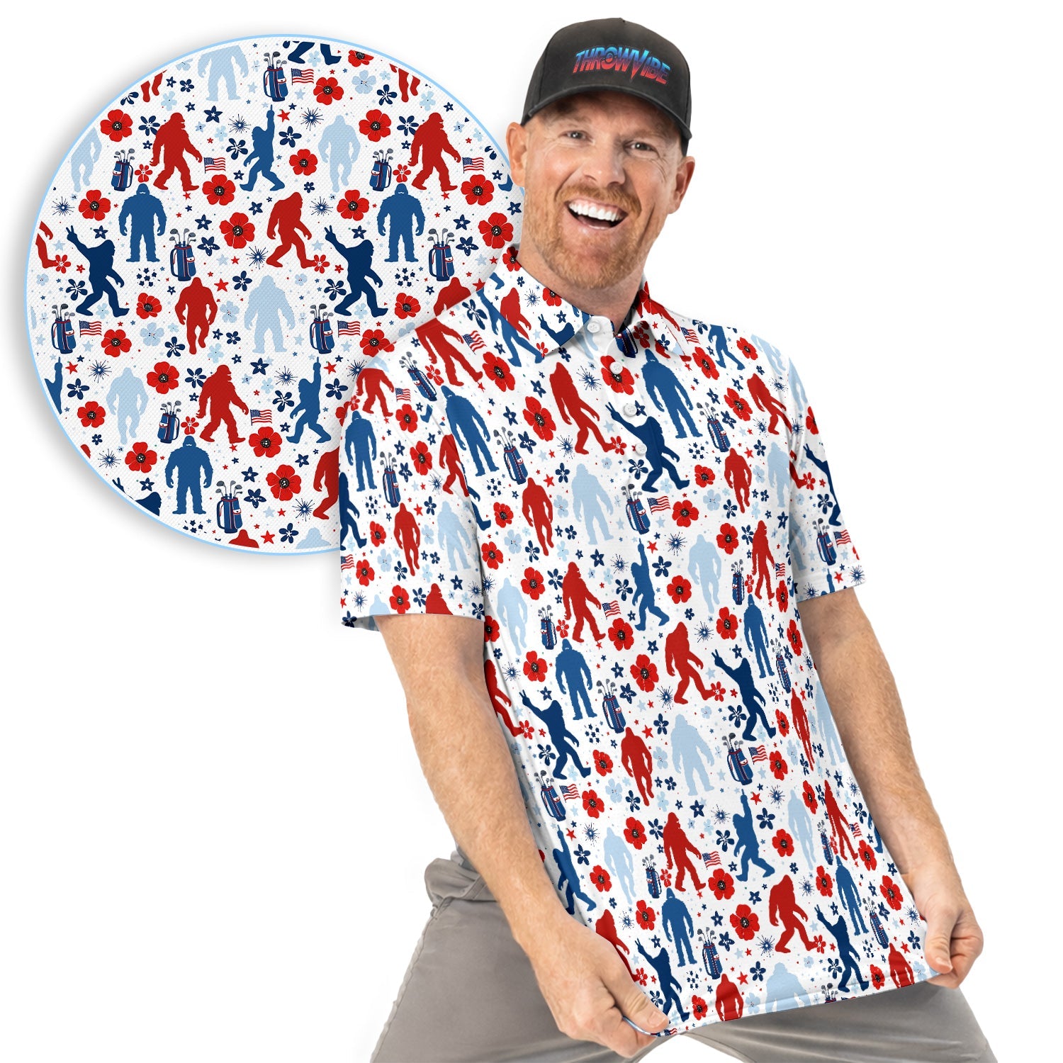 Patriotic Bigfoot Golf Polo Shirt For Men, USA Flag Red Blue White Sasquatch Pattern Golf Shirt