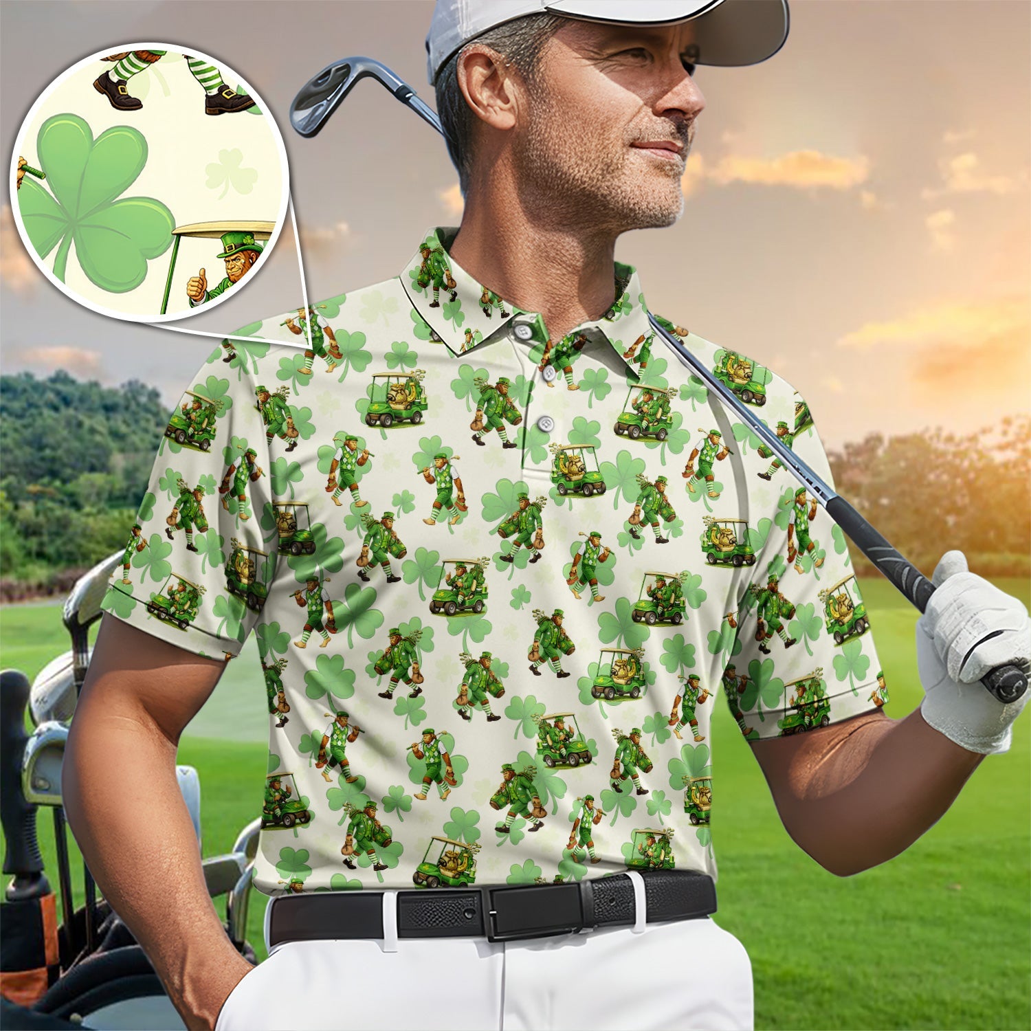 Funny Bigfoot Golf Polos For Men, St. Patrick’s Day Pattern Golf Shirt, Golf Gift For Golfer
