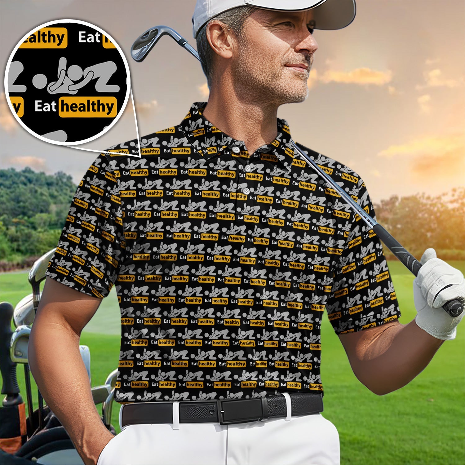 Eat Healthy Pattern Golf Polos, Crazy Modern Lifestyle Golf Shirt For Men, Golf Gift For Golfer