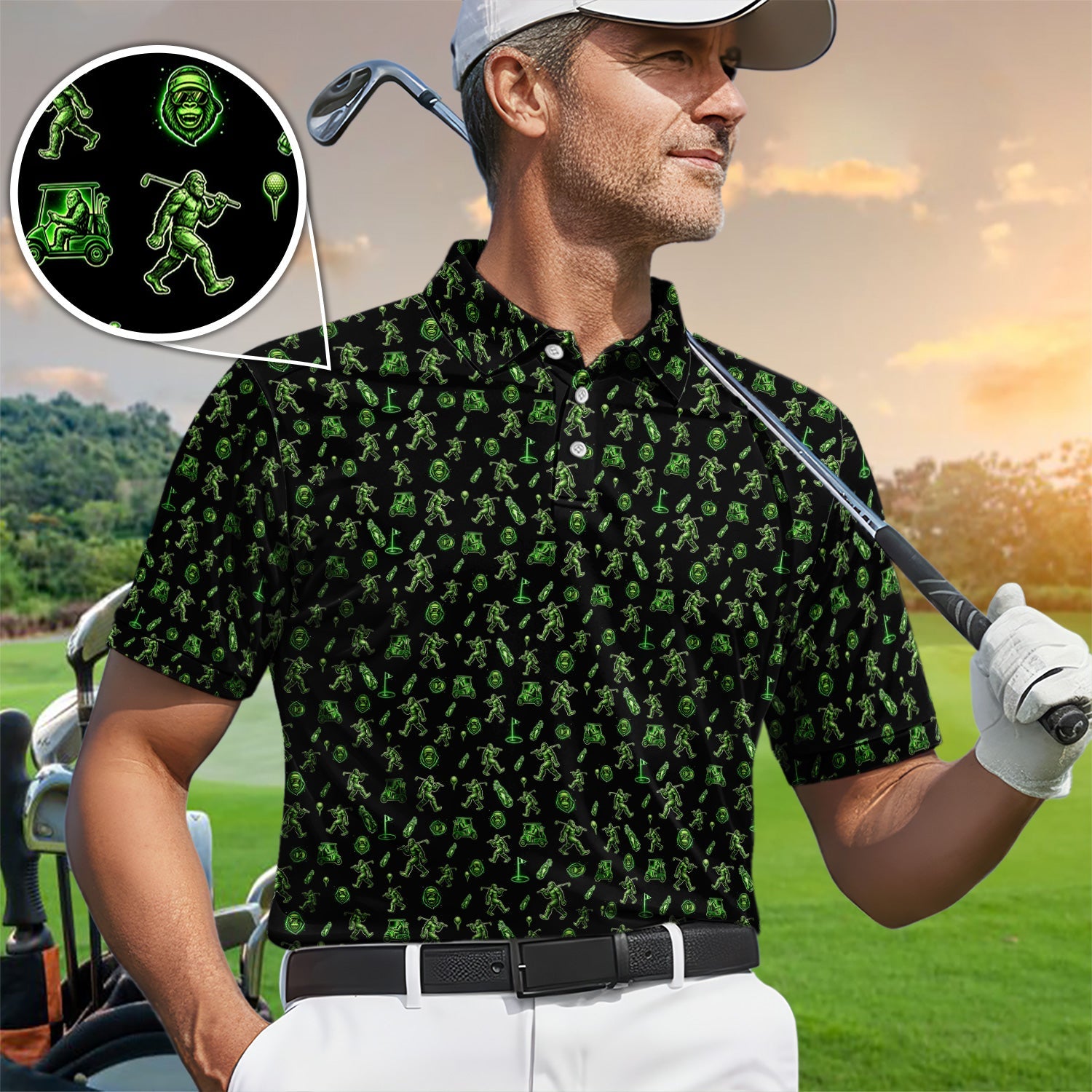 Sasquatch Neon Green Golf Pattern Shirt, Funny Bigfoot Golf Polos For Men, Golf Gift For Golfer