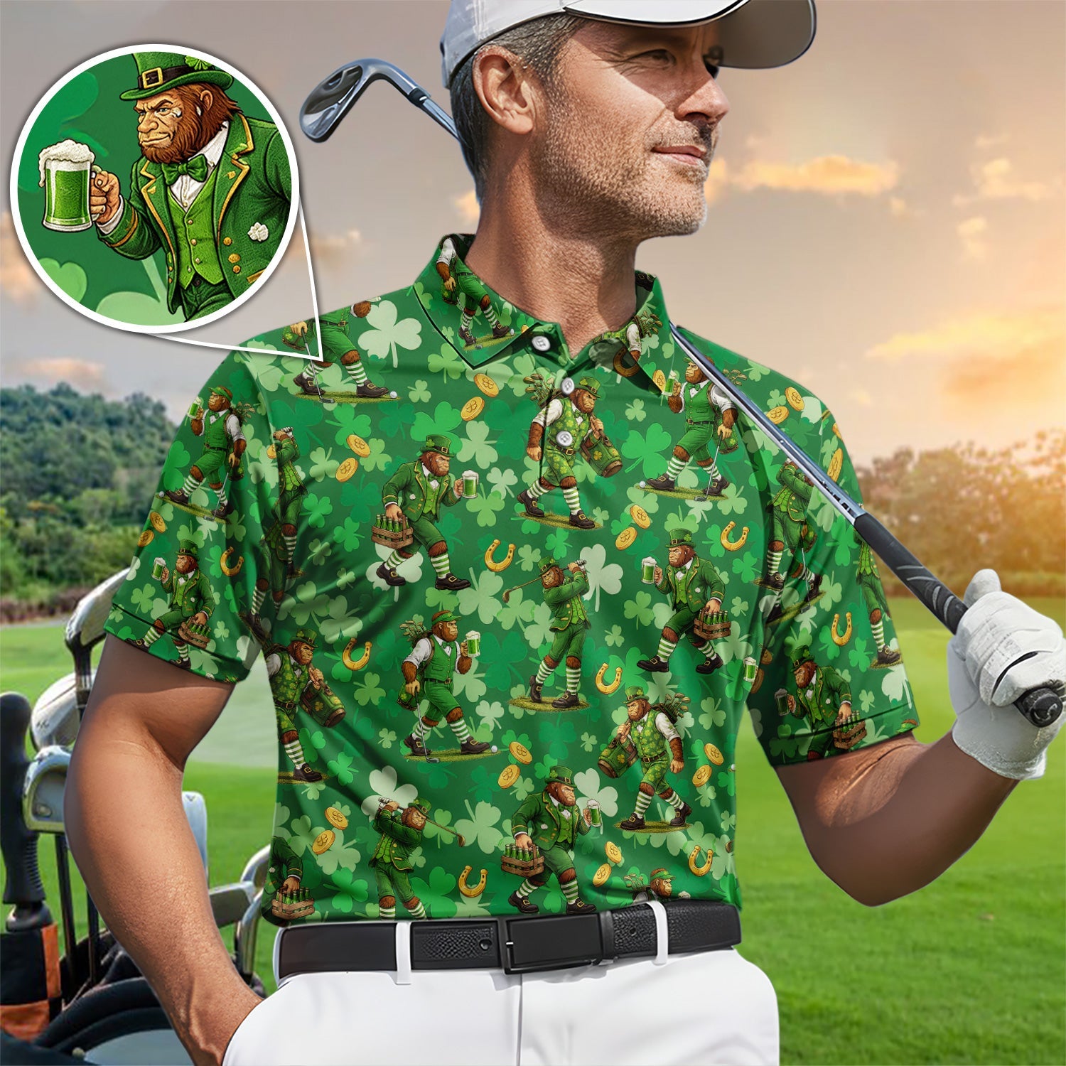 St. Patrick’s Day Bigfoot Leprechaun Golf Polos, Funny Irish Green Golf Shirt For Golfer, Golf Gift For Men