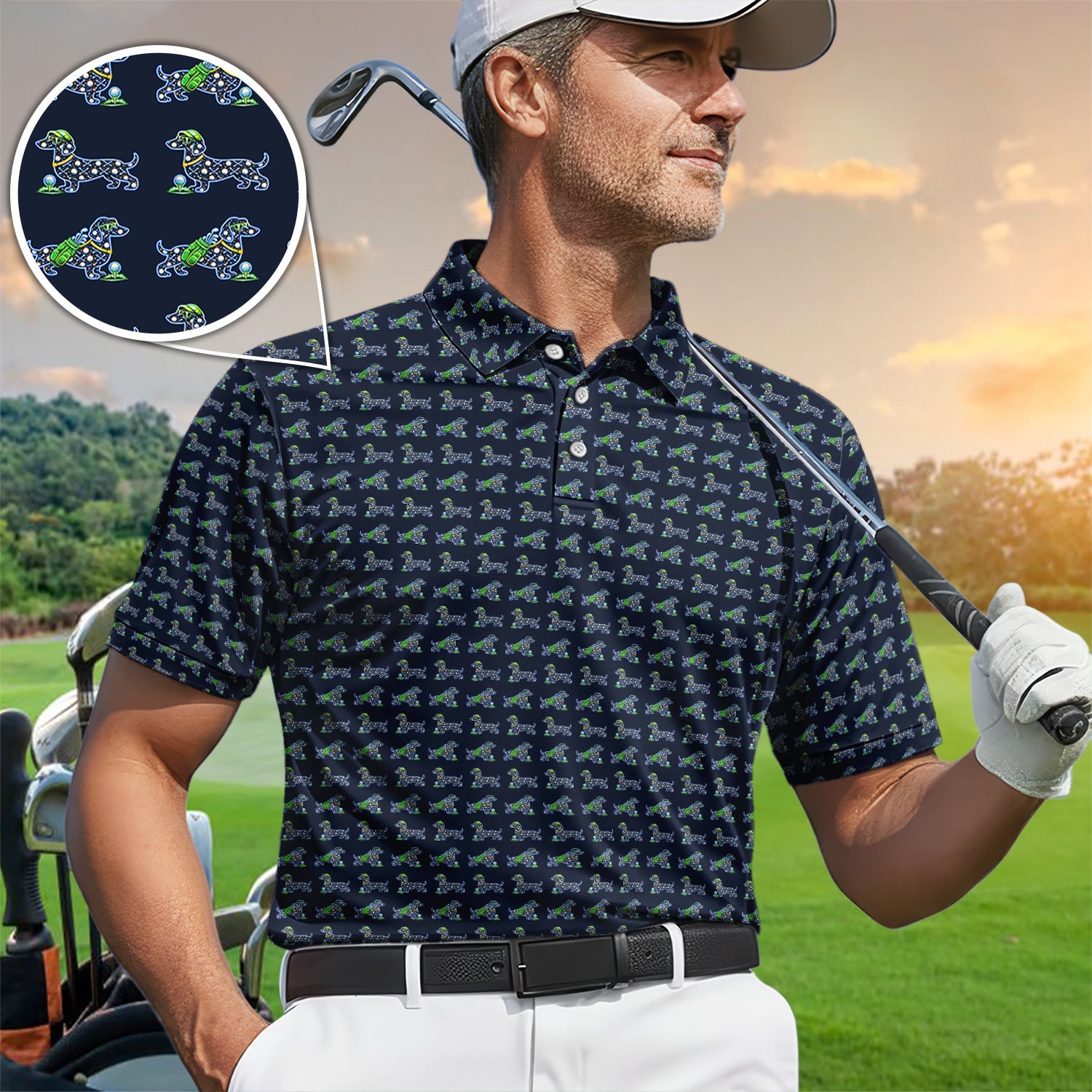 Funny Dachshund Pattern Golf Polos, Wiener Dog Golf Shirt For Golfer, Golf Gift For Men