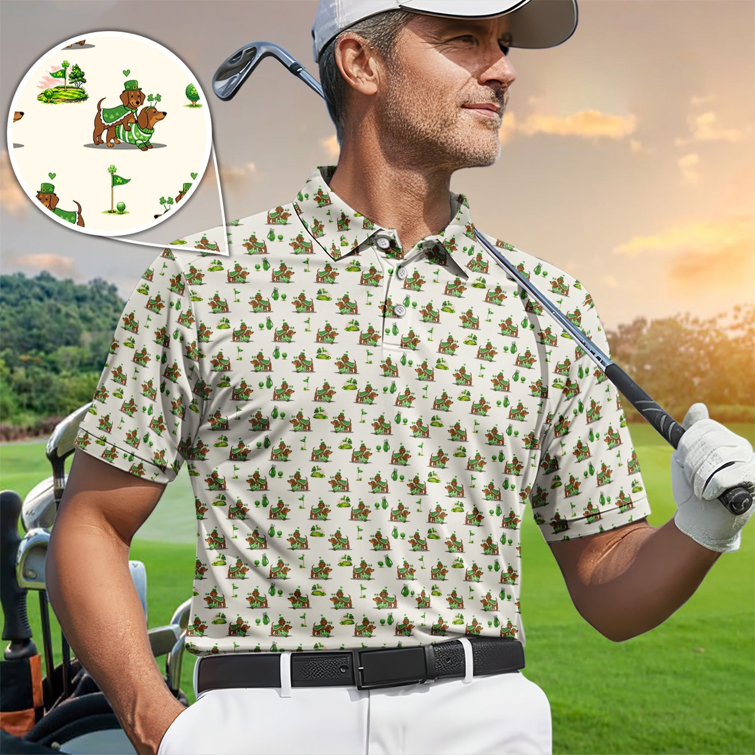 St Patrick’s Day Dachshund Patrick Golf Shirt, Wiener Dog Golf Polos For Men, Golf Gift For Golfer