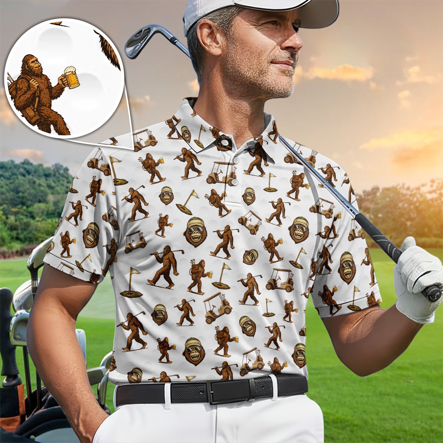 Sasquatch Pattern Golf Shirt For Men, Crazy Bigfoot Golf Polos, Funny Golf Gift For Golfer