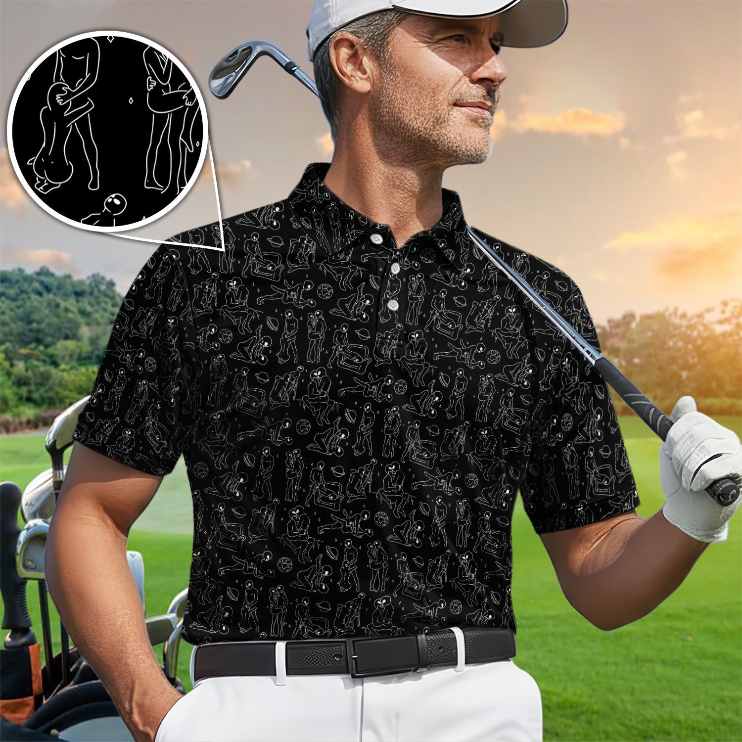 Minimalist Line Art Human Pattern Golf Polos, Funny Golf Shirt For Men, Crazy Golf Gift For Golfer