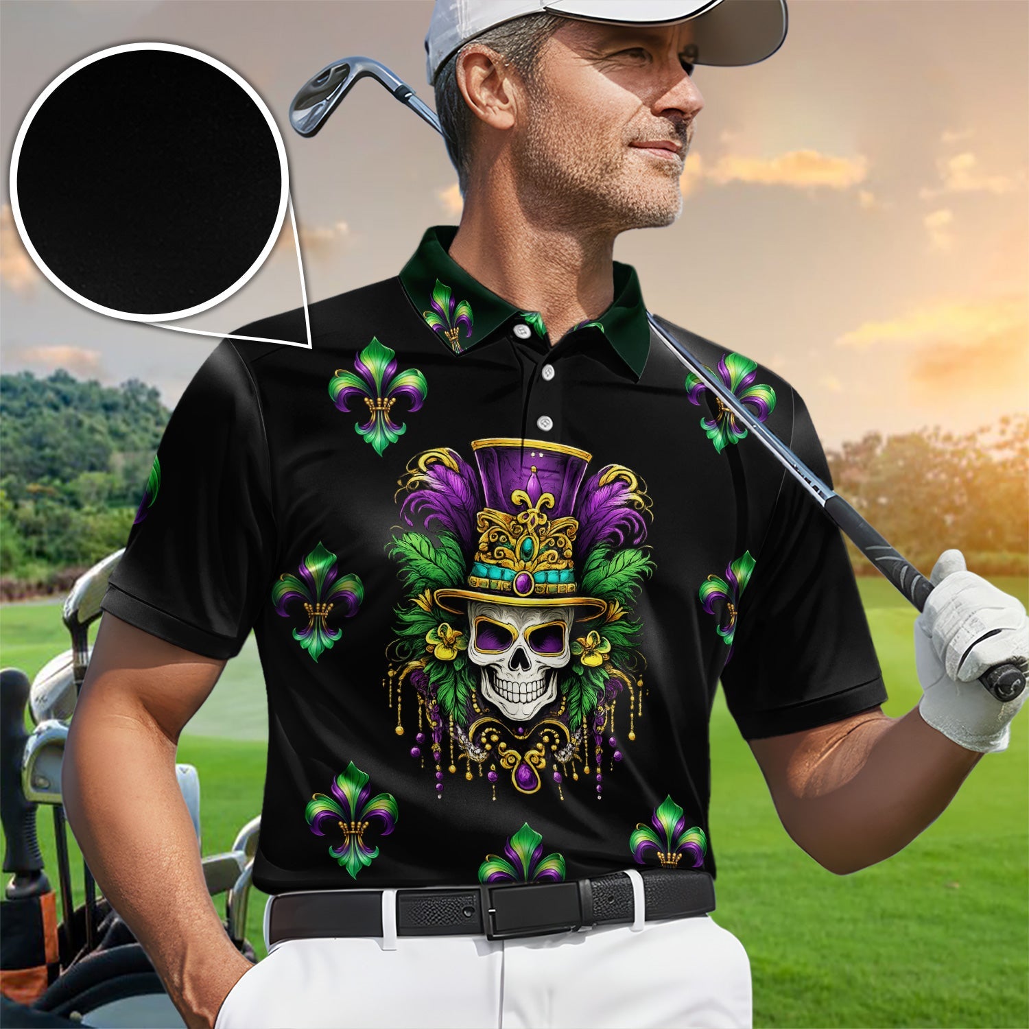 Mardi Gras Mask Skull Pattern Golf Shirt, Carnival Golf Polos For Men, Golf Gift For Golfer