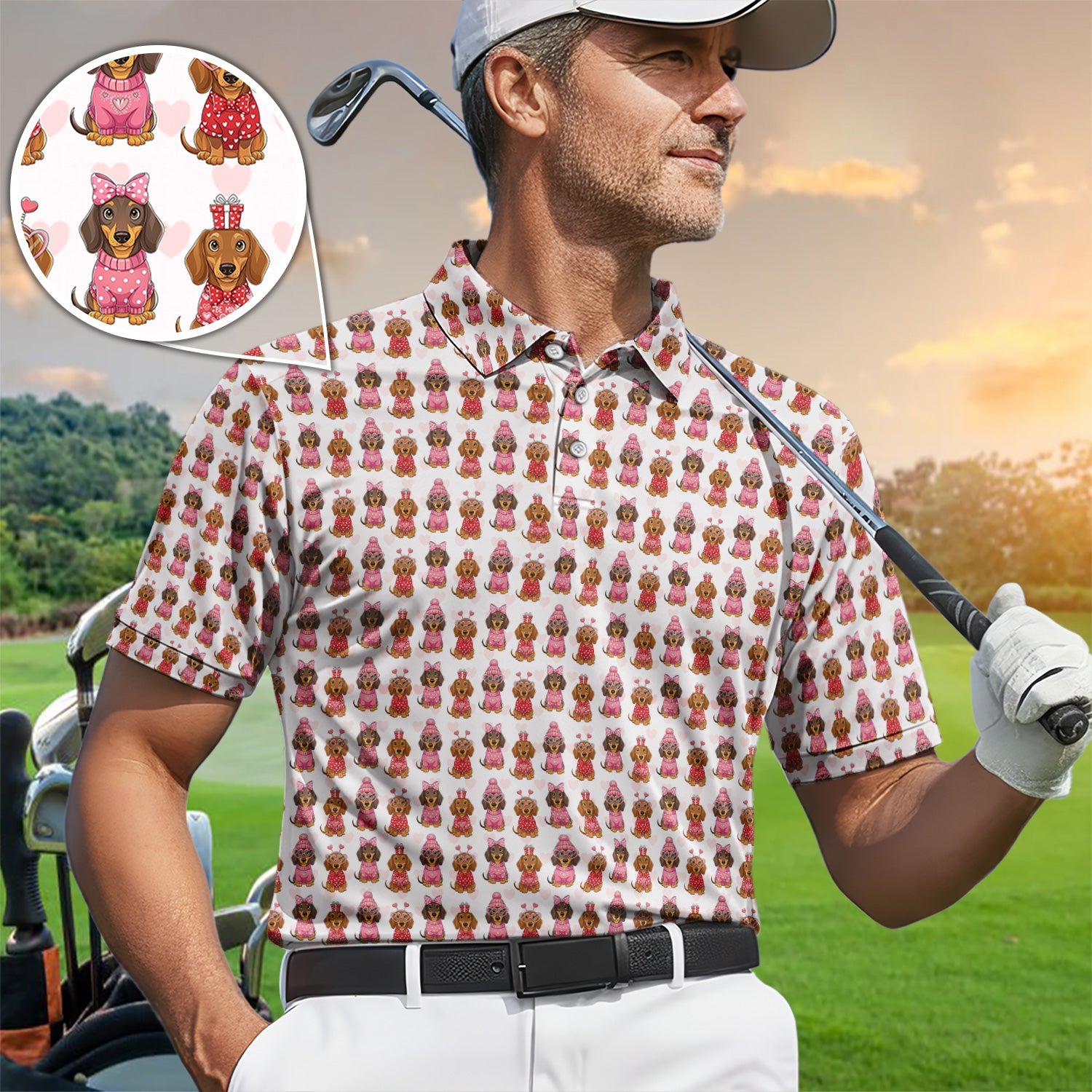 Valentine Dachshund Pattern Golf Polos, Wiener Dog Golf Shirt For Men, Crazy Golf Gift For Golfer