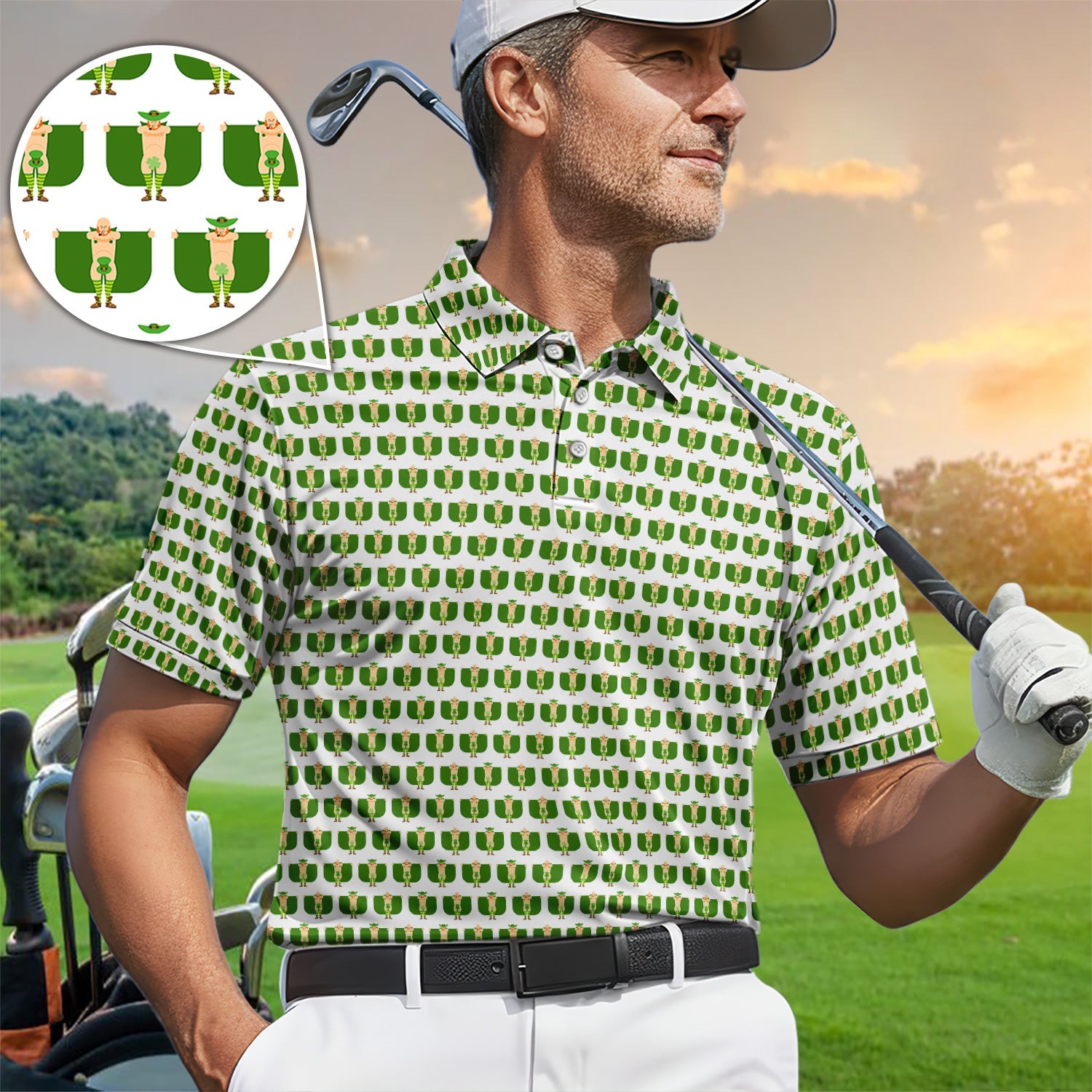 St. Patrick’s Day Leprechaun Pattern Golf Polos, Irish Golf Shirt For Men, Crazy Golf Gift For Golfer