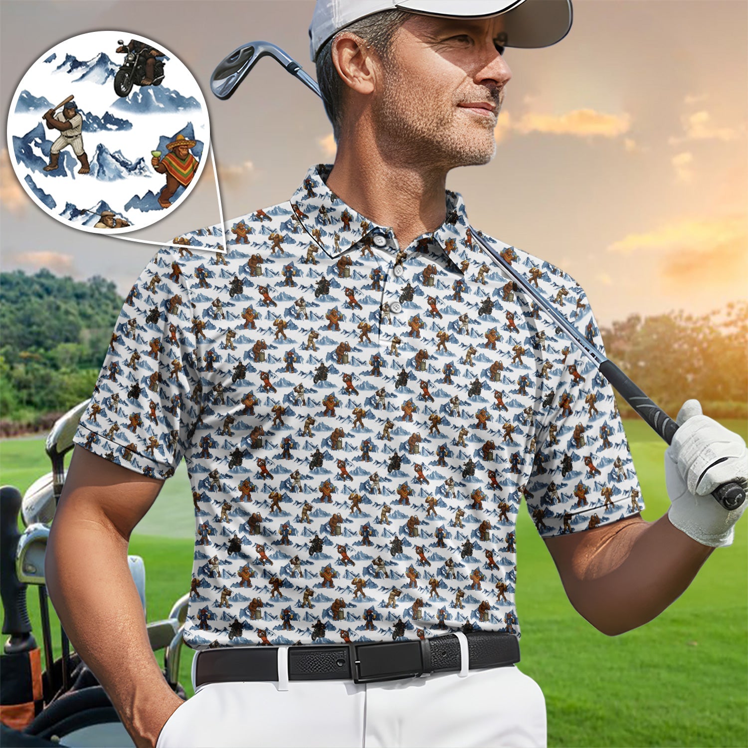 Bigfoot Pattern Golf Shirt, Sasquatch And Beer Golf Shirt For Men, Gift For Golfer