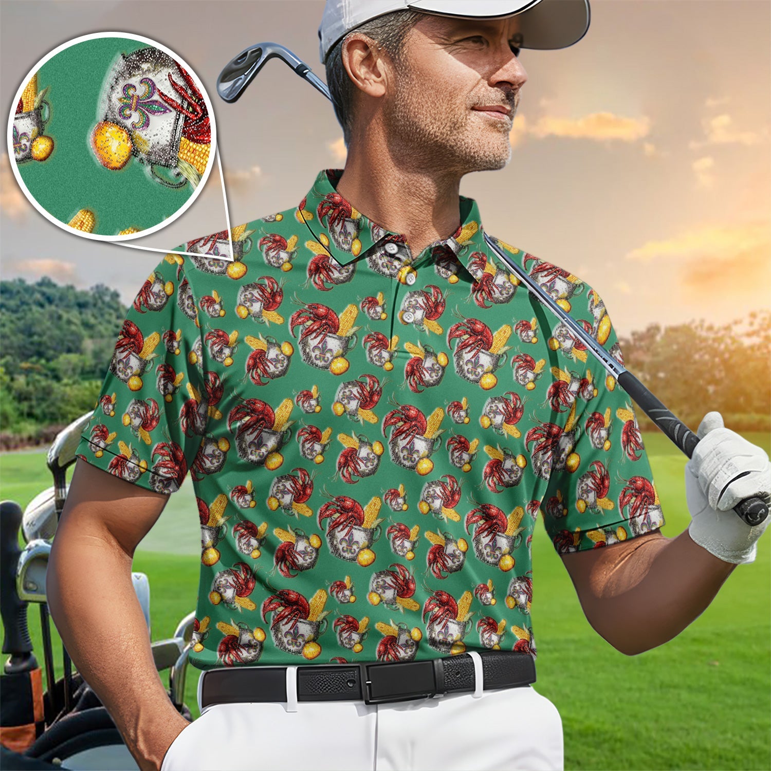 Mardi Gras Crawfish Pattern Golf Shirt, Funny Louisiana Crawfish Golf Polos For Men, Golf Gift For Golfer