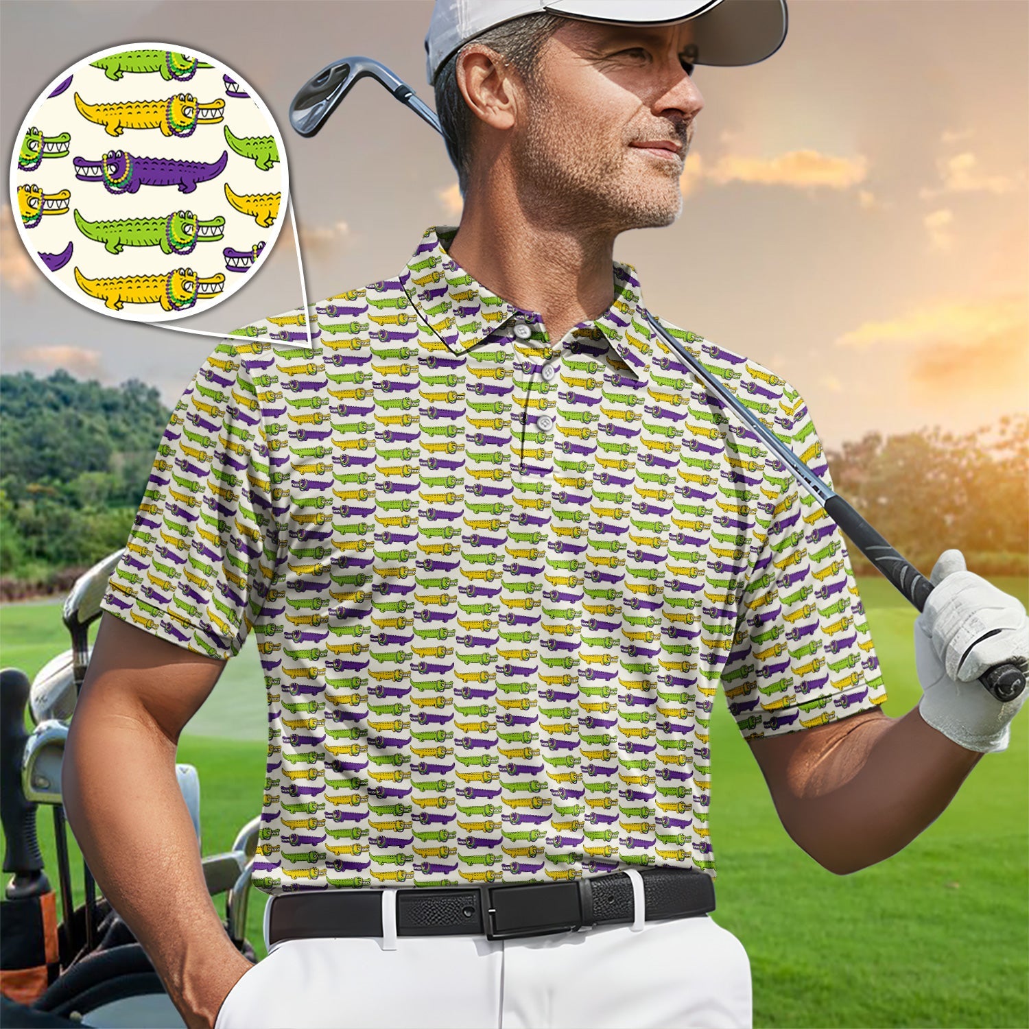 Mardi Gras Alligator Pattern Golf Shirt, Carnival Golf Shirt For Men, Golf Gift For Golfer