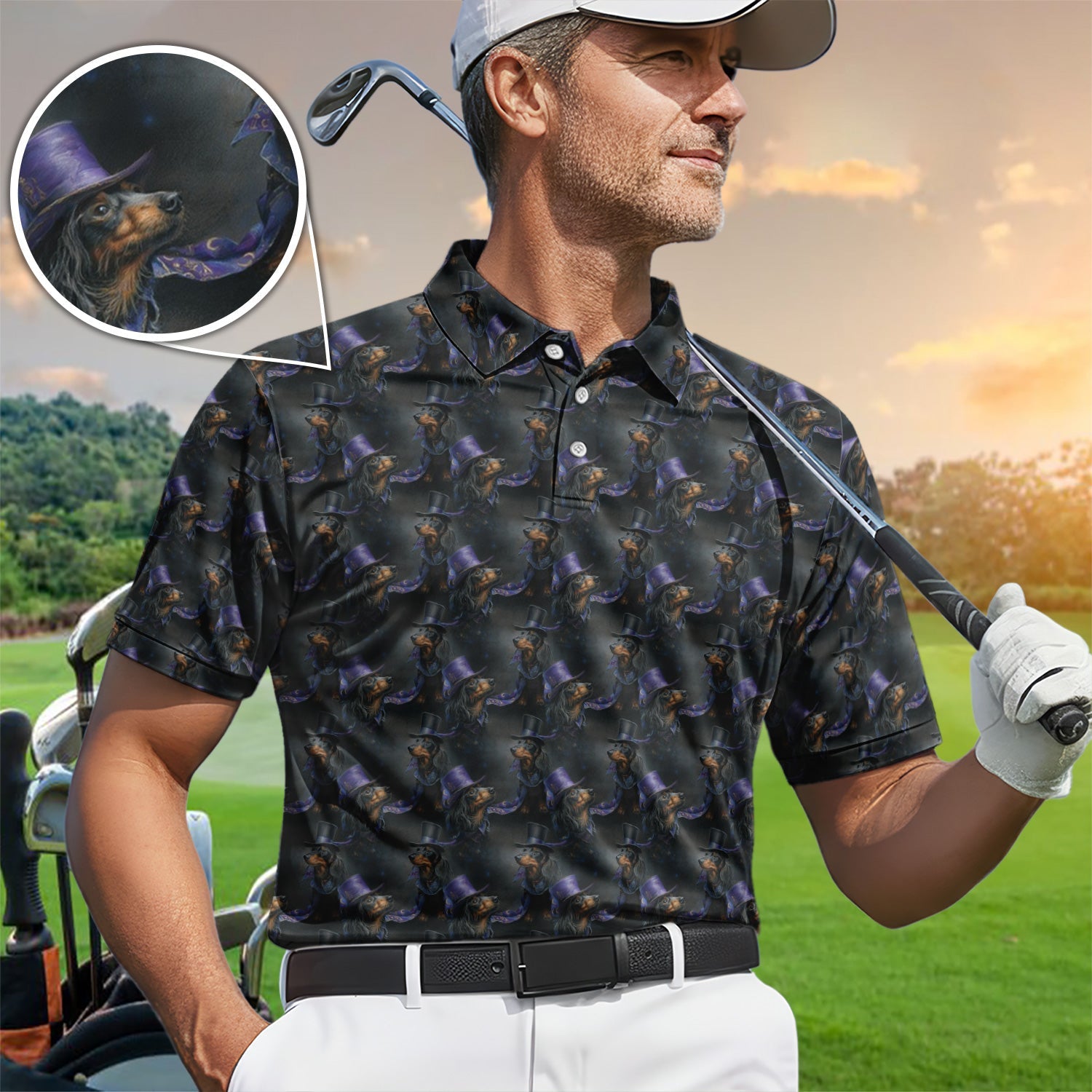 Elegant Dachshund Pattern Golf Shirt, Crazy Wiener Dog Golf Shirt For Golfer, Golf Gift For Men