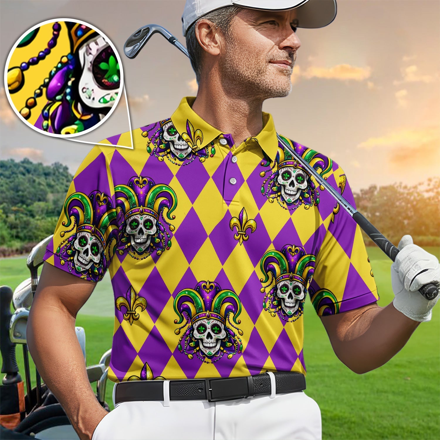 Mardi Gras Carnival Mask Skull Pattern Golf Shirt, Holiday Golf Polos For Men, Golf Gift For Golfer
