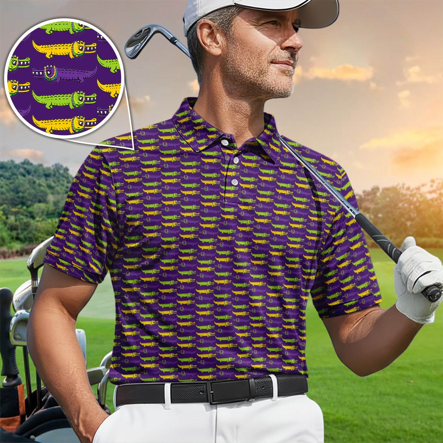 Mardi Gras Alligator Pattern Golf Shirt, Carnival Golf Shirt For Men, Golf Gift For Golfer