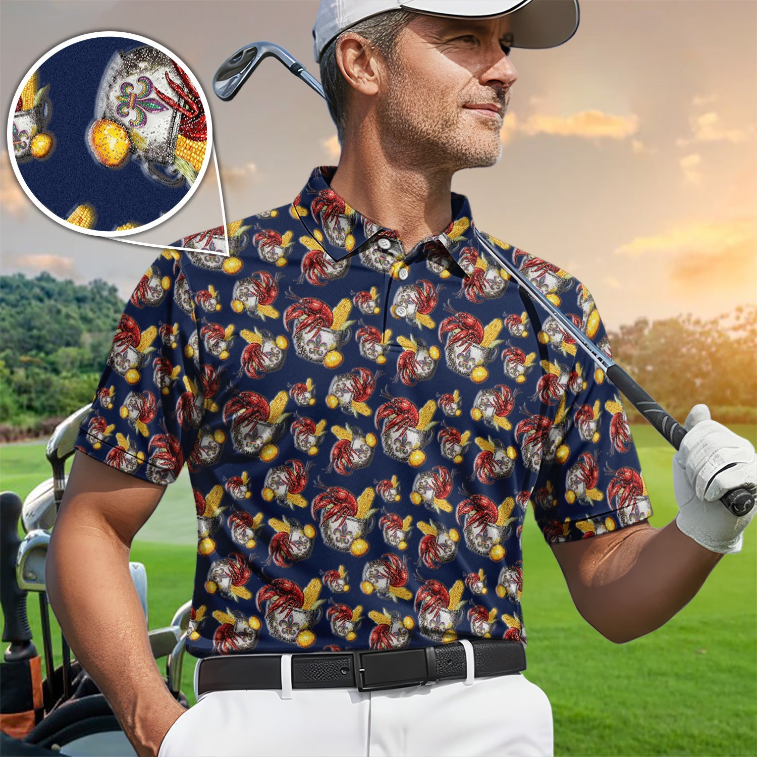 Mardi Gras Crawfish Pattern Golf Shirt, Funny Louisiana Crawfish Golf Polos For Men, Golf Gift For Golfer