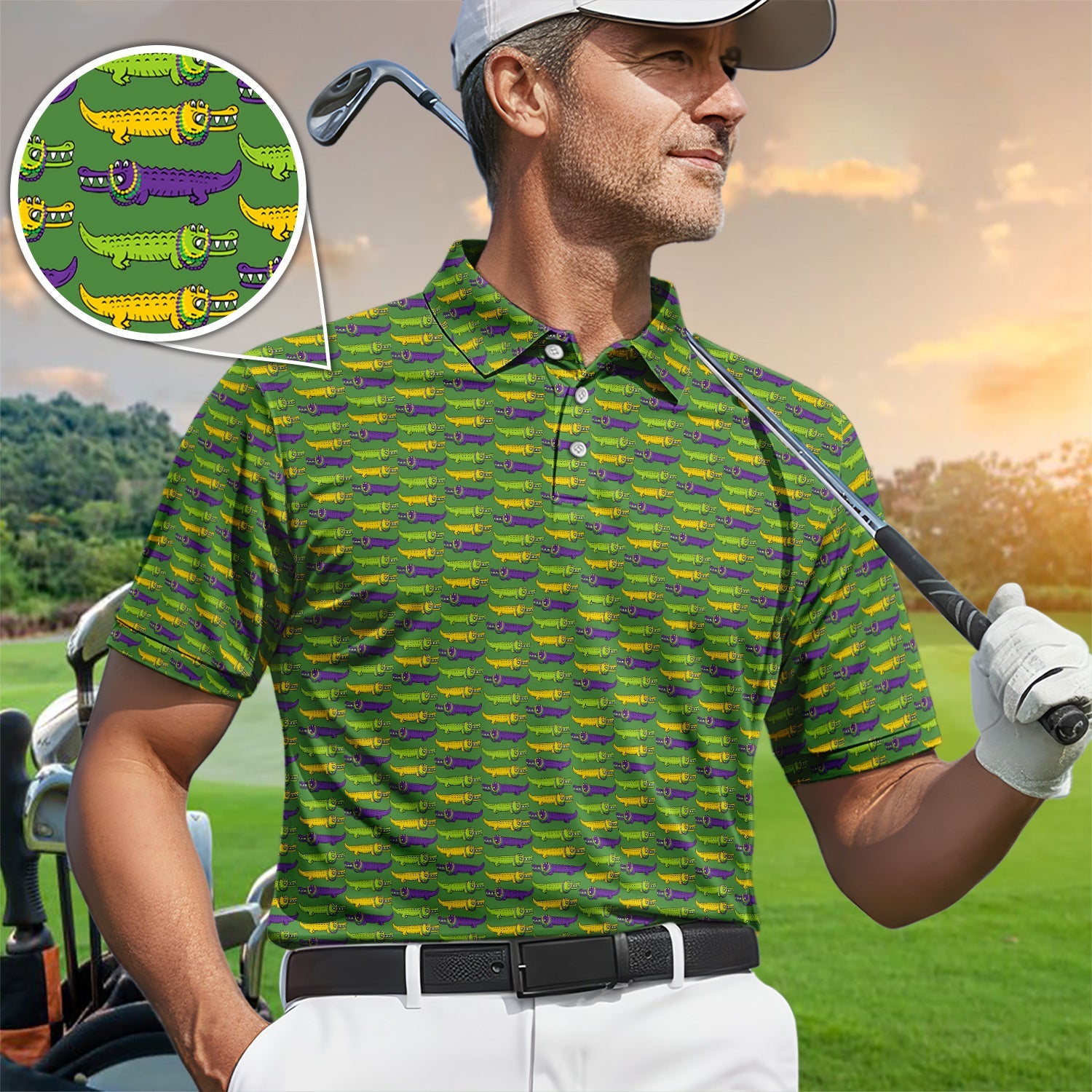 Mardi Gras Alligator Pattern Golf Shirt, Carnival Golf Shirt For Men, Golf Gift For Golfer
