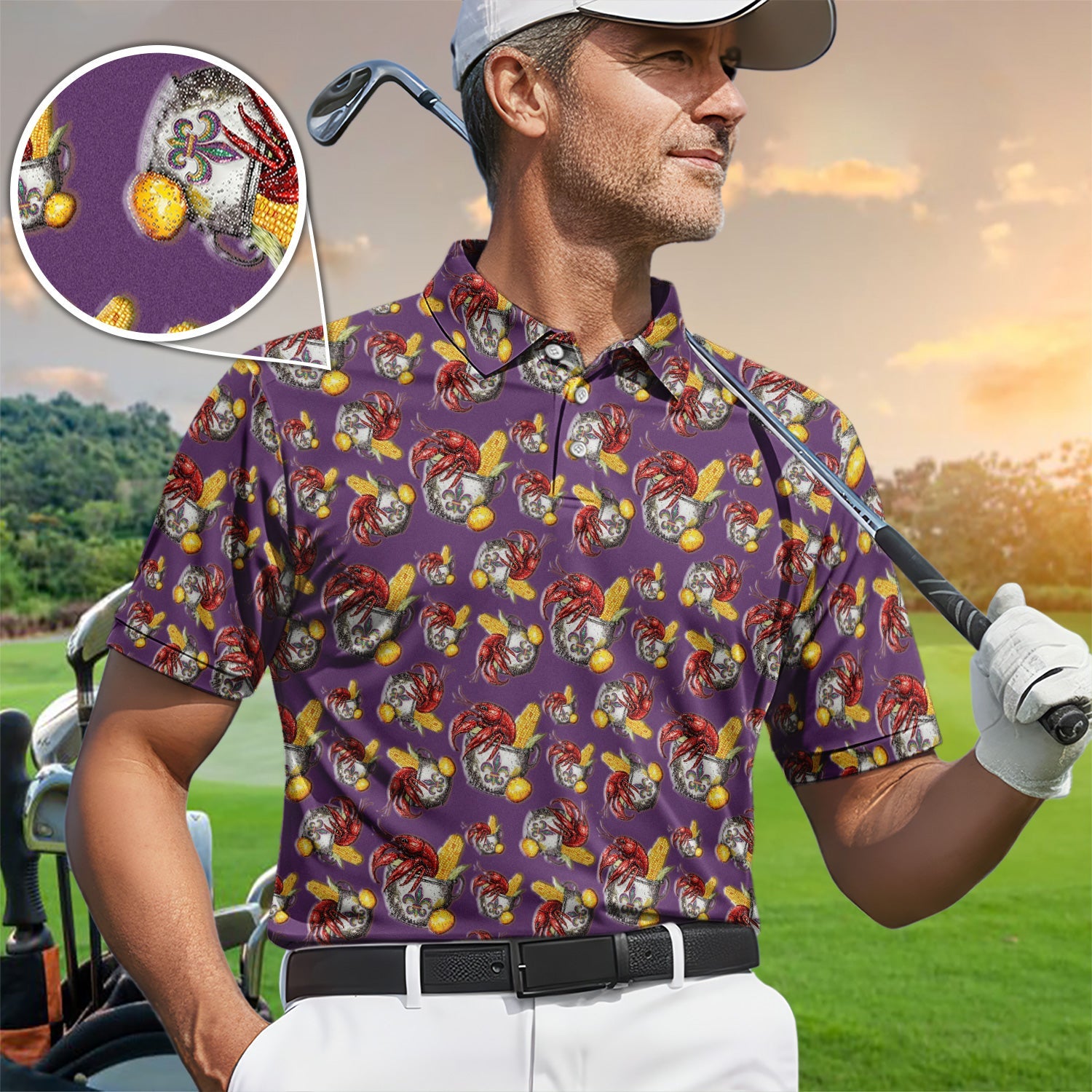 Mardi Gras Crawfish Pattern Golf Shirt, Funny Louisiana Crawfish Golf Polos For Men, Golf Gift For Golfer