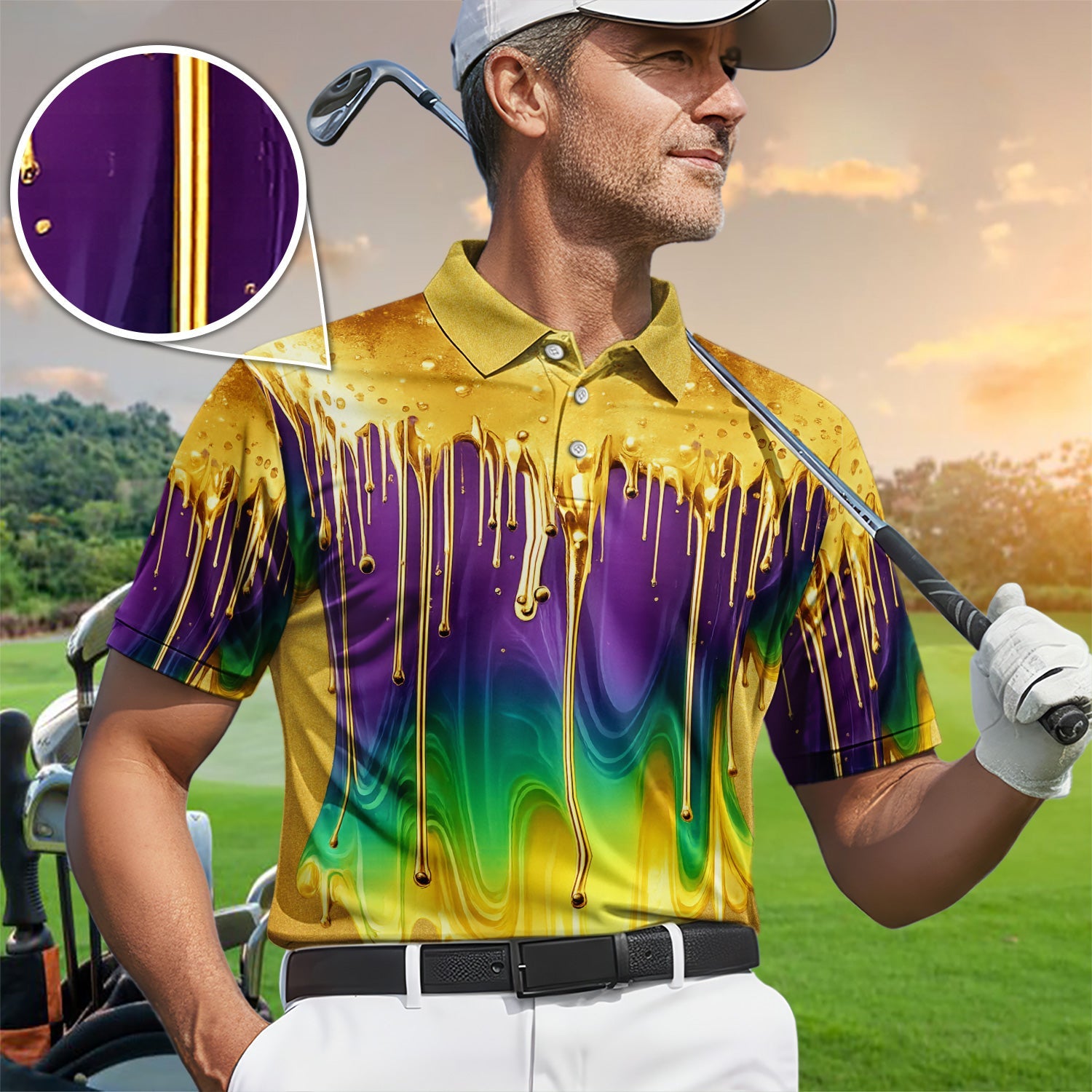 Mardi Gras Gradient Golf Shirt, Holiday Golf Polos For Men, Golf Gift For Golfer