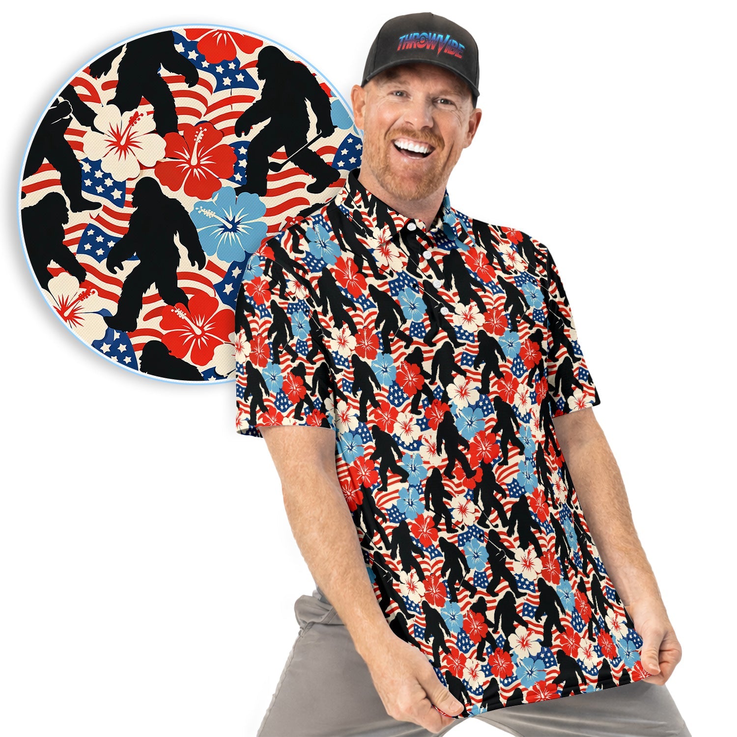 Patriotic Bigfoot USA Flag Floral Golf Pattern Shirt, Sasquatch Golf Shirt For Men, 4th Of July Golfer Gift