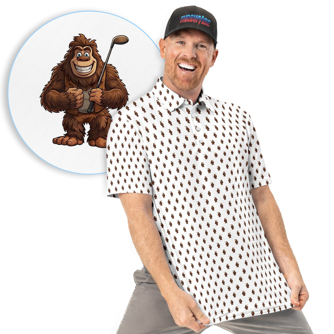Funny Bigfoot Cartoon Pattern Golf Shirt, Cute Sasquatch Golfer Polo Shirt For Men, Golfer Gift