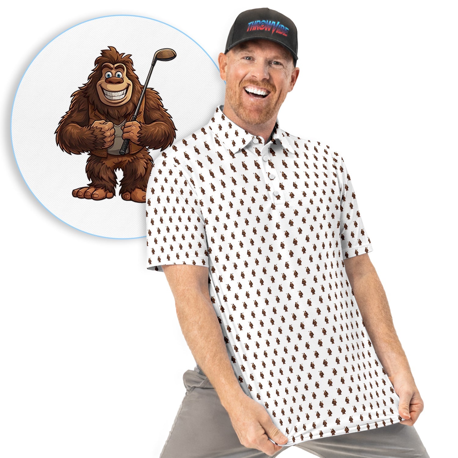 Funny Bigfoot Cartoon Pattern Golf Shirt, Cute Sasquatch Golfer Polo Shirt For Men, Golfer Gift