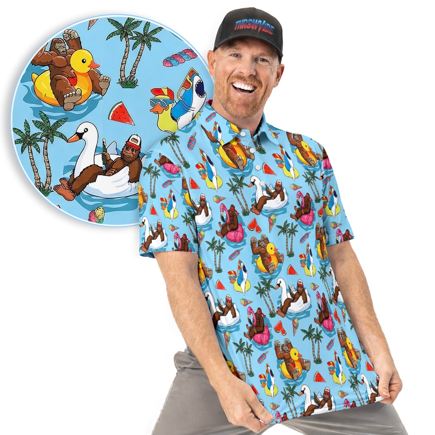 Bigfoot Pool Party Tropical Pattern Golf Shirt, Sasquatch Float Summer Golf Shirt For Men, Golfer Gift