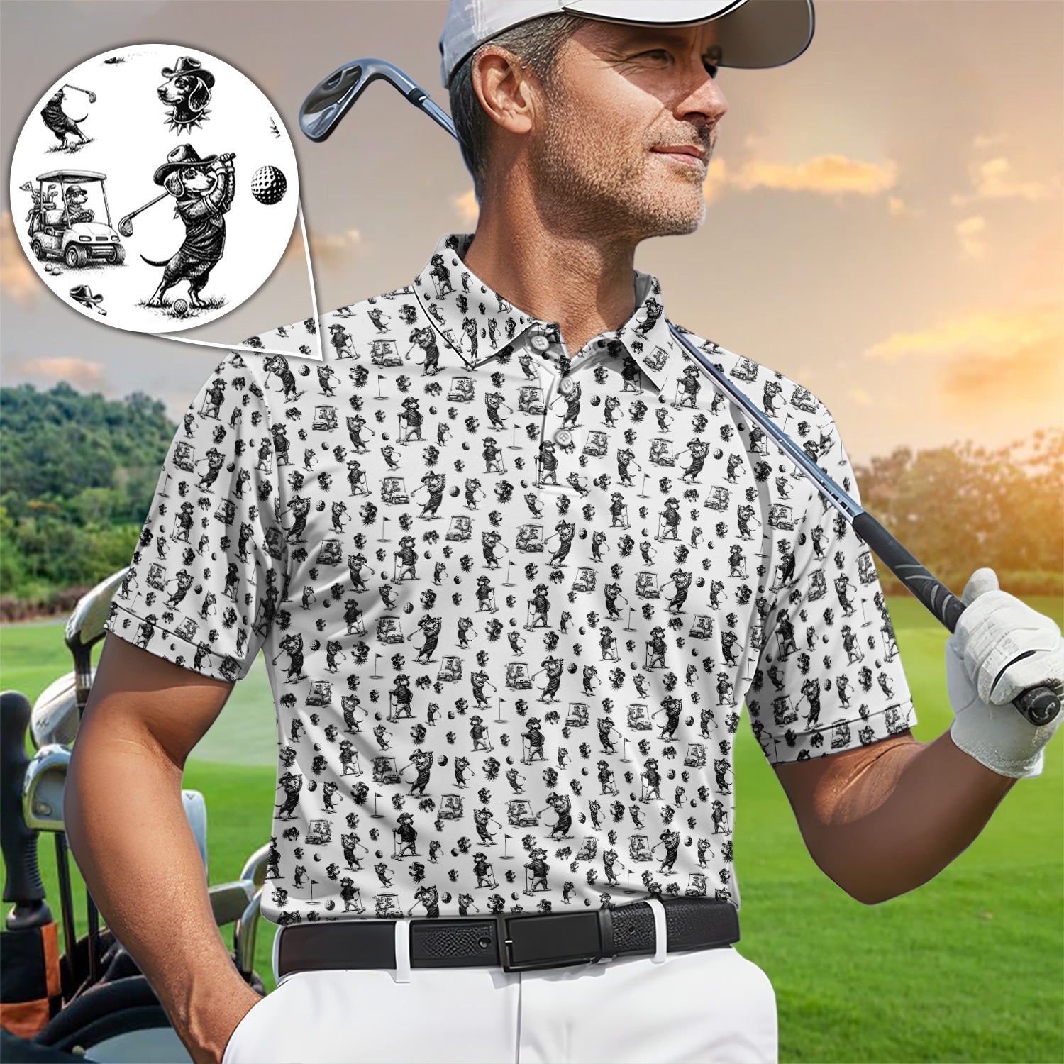 Funny Dachshund Pattern Golf Shirt, Crazy Wiener Dog Golf Polos For Men, Golf Gift For Golfer