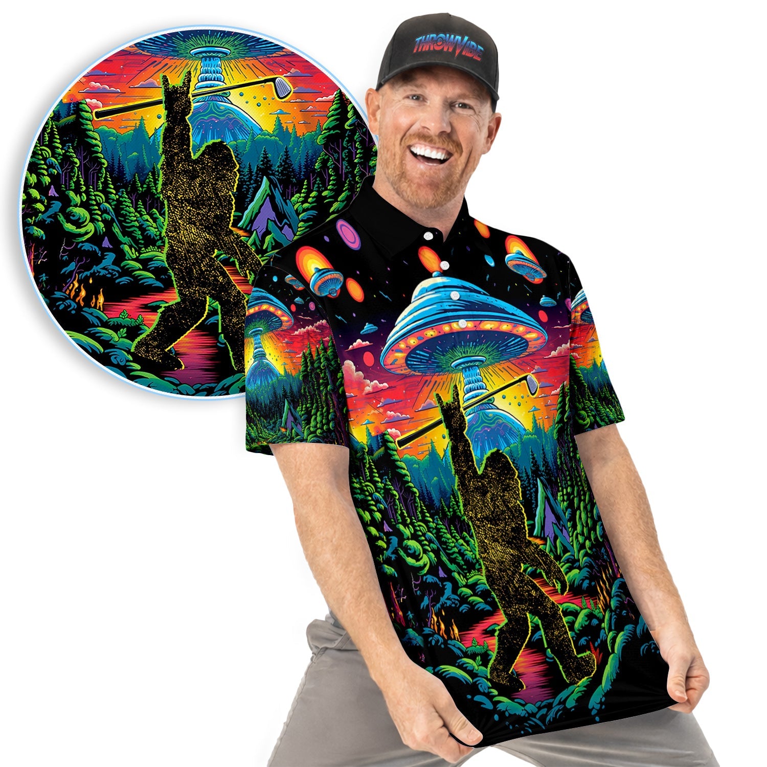 Psychedelic Bigfoot UFO Golf Pattern Shirt, Alien Bigfoot Golf Shirt For Men, Funny Golfer Gift