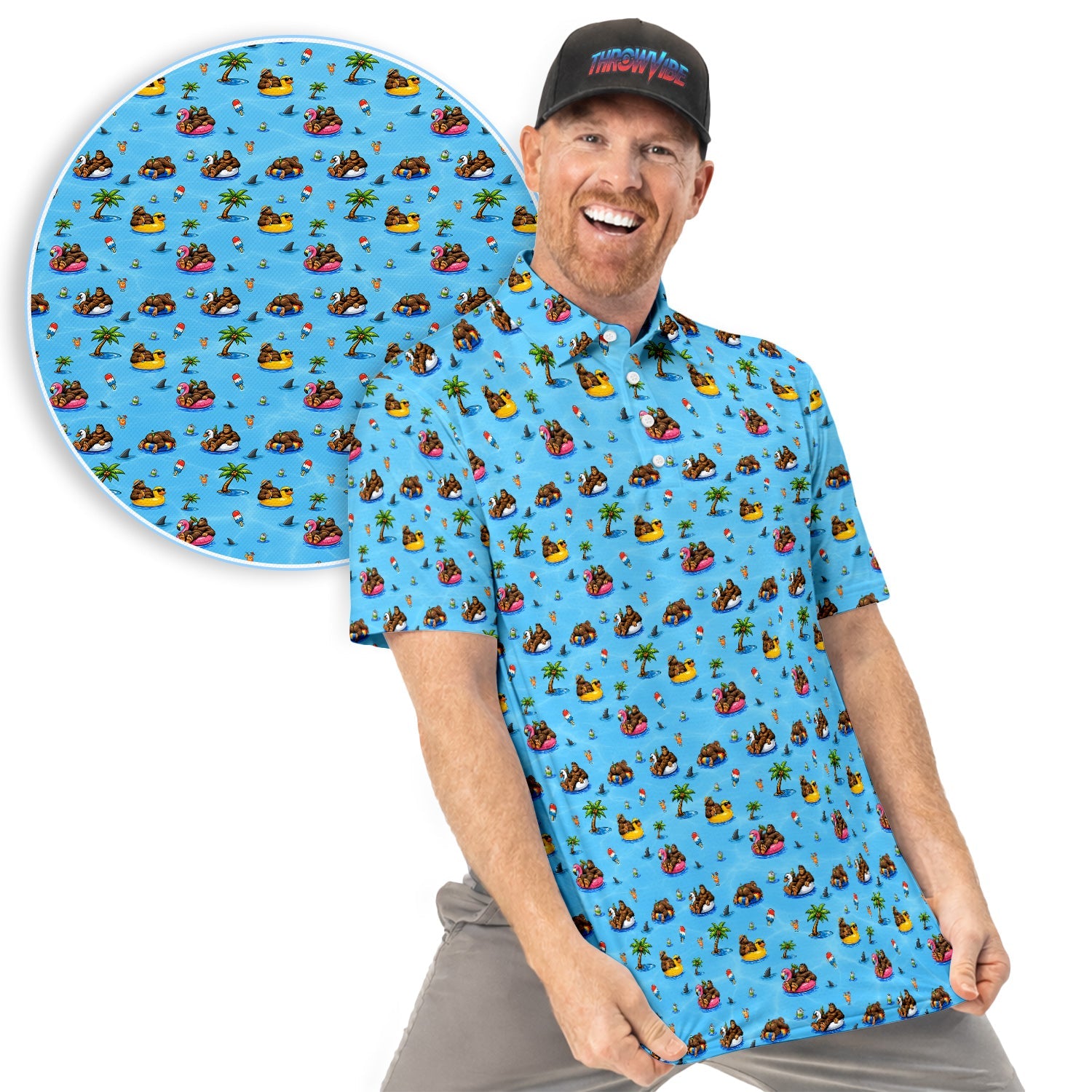 Funny Summer Bigfoot Pool Float Pattern Shirt, Sasquatch Beach Party Golf Polo Shirt For Men, Vacation Golf Gift