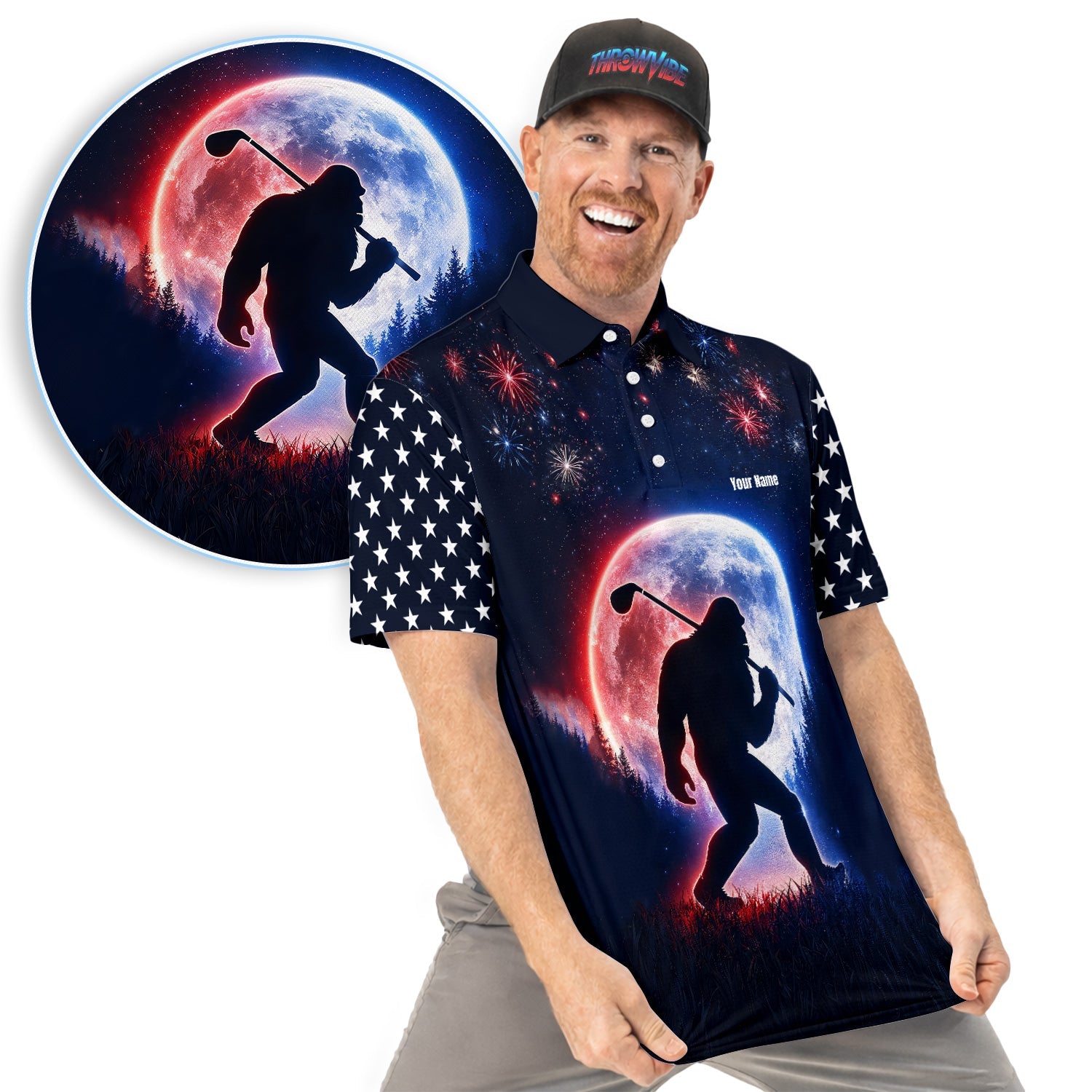 Bigfoot Golfer Patriotic Polo Shirt For Men, Custom Name USA Fireworks Moon Silhouette Sasquatch Golf Shirt