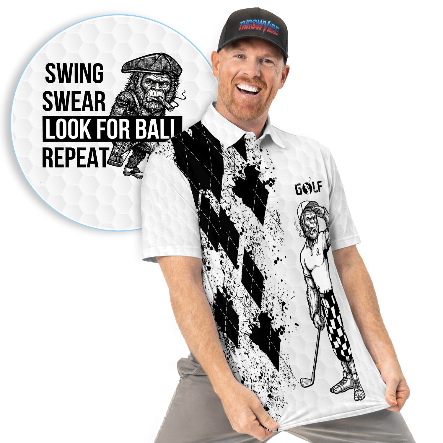 Funny Bigfoot Golfer Polo Shirt, Swing Swear Repeat Graphic Polo For Men, Unique Sasquatch Golf Outfit