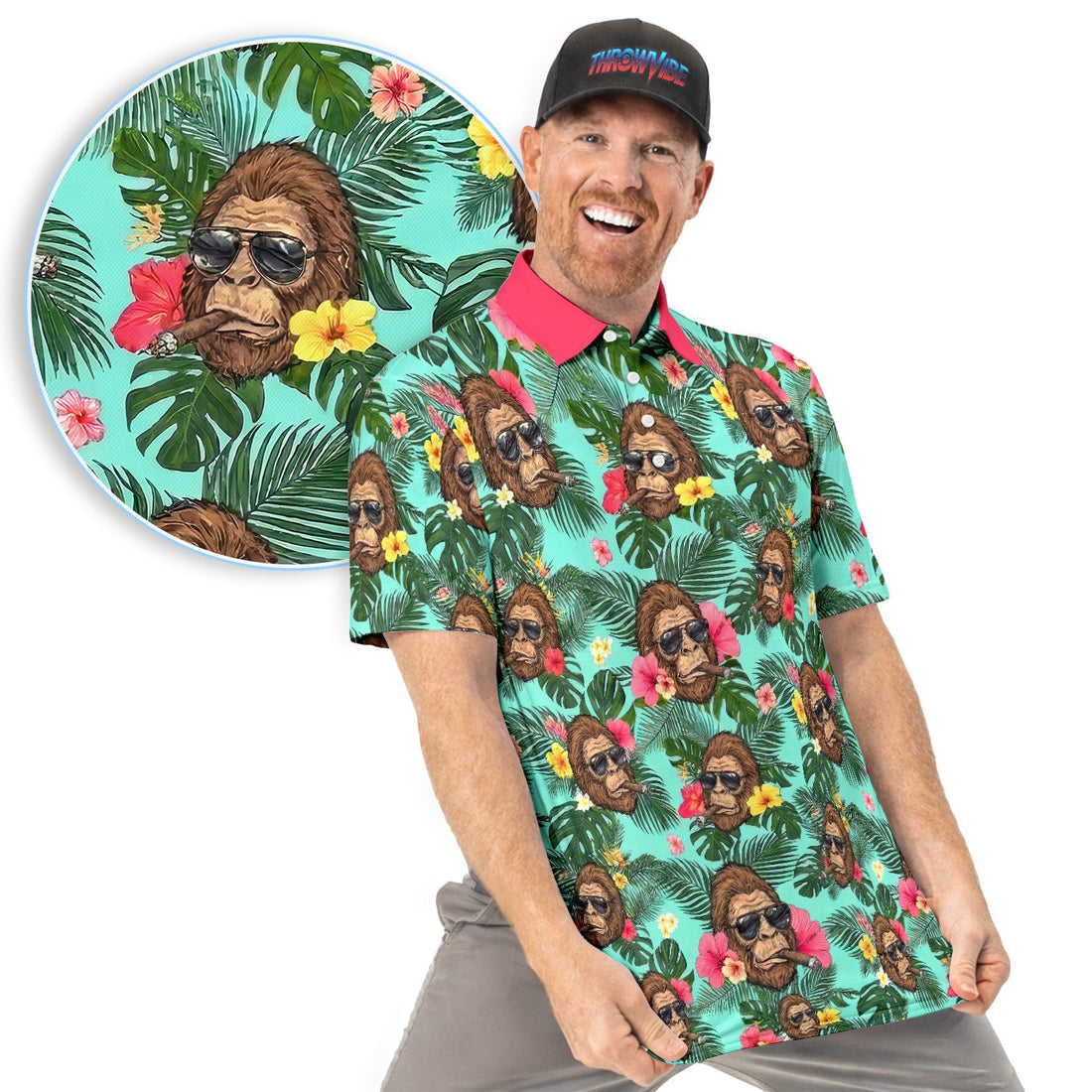 Funny Bigfoot Hawaiian Golf Polo Shirt, Smoking Sasquatch Tropical Aloha Shirt for Men