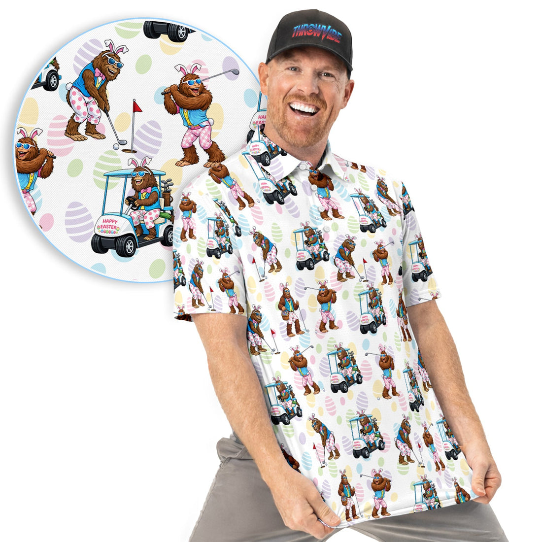 Funny Easter Bigfoot Golf Polo Shirt, Bunny Sasquatch Golfer Shirt, Unique Golf Gift for Men