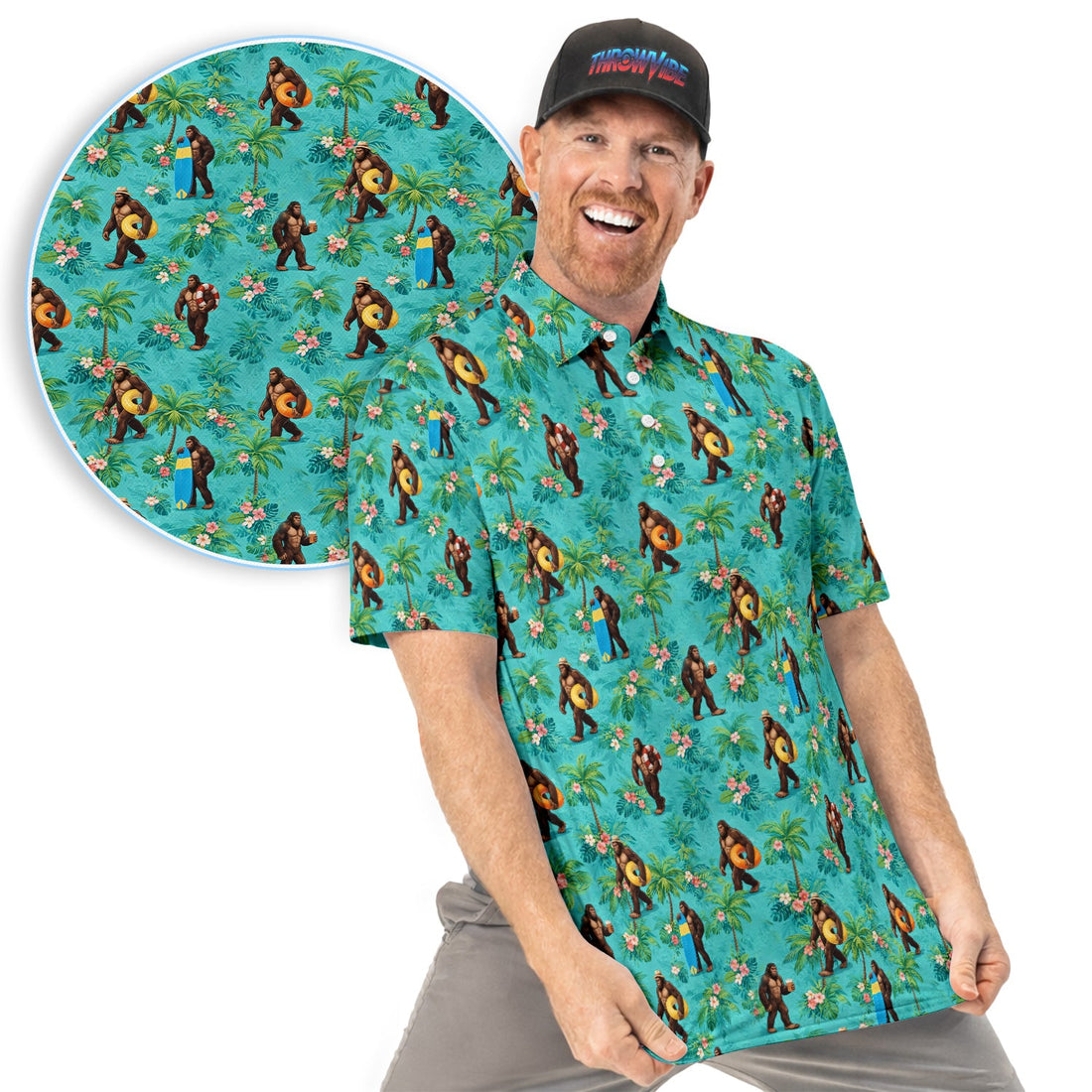 Funny Tropical Bigfoot Golf Pattern Shirt, Hawaiian Sasquatch Golf Shirt For Men, Beach Lover Gift