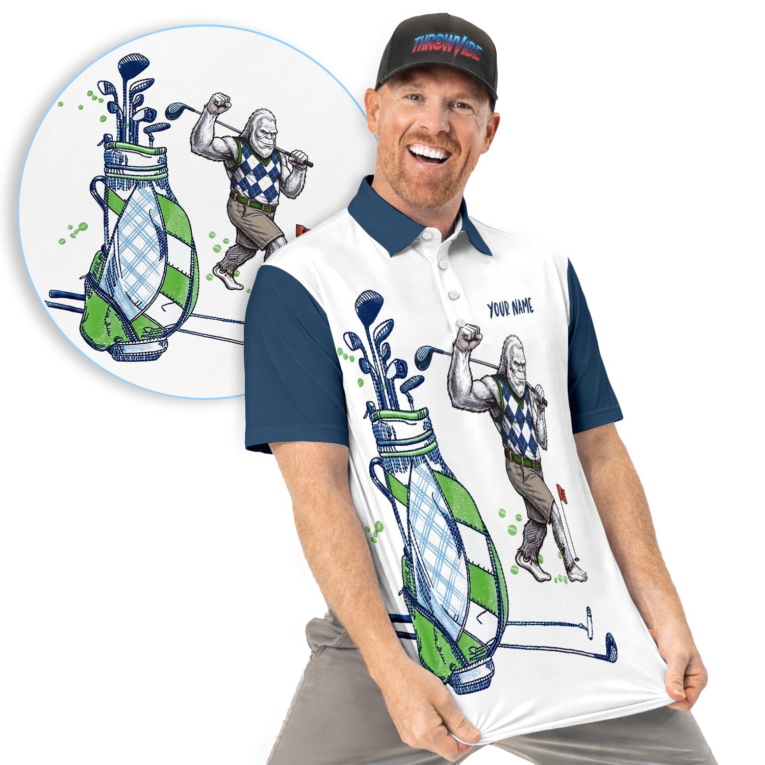 Custom Name Gorilla Golf Polo Shirt, Funny Bigfoot Golfer Shirt Pattern For Men, Unique Sasquatch Golf Outfit