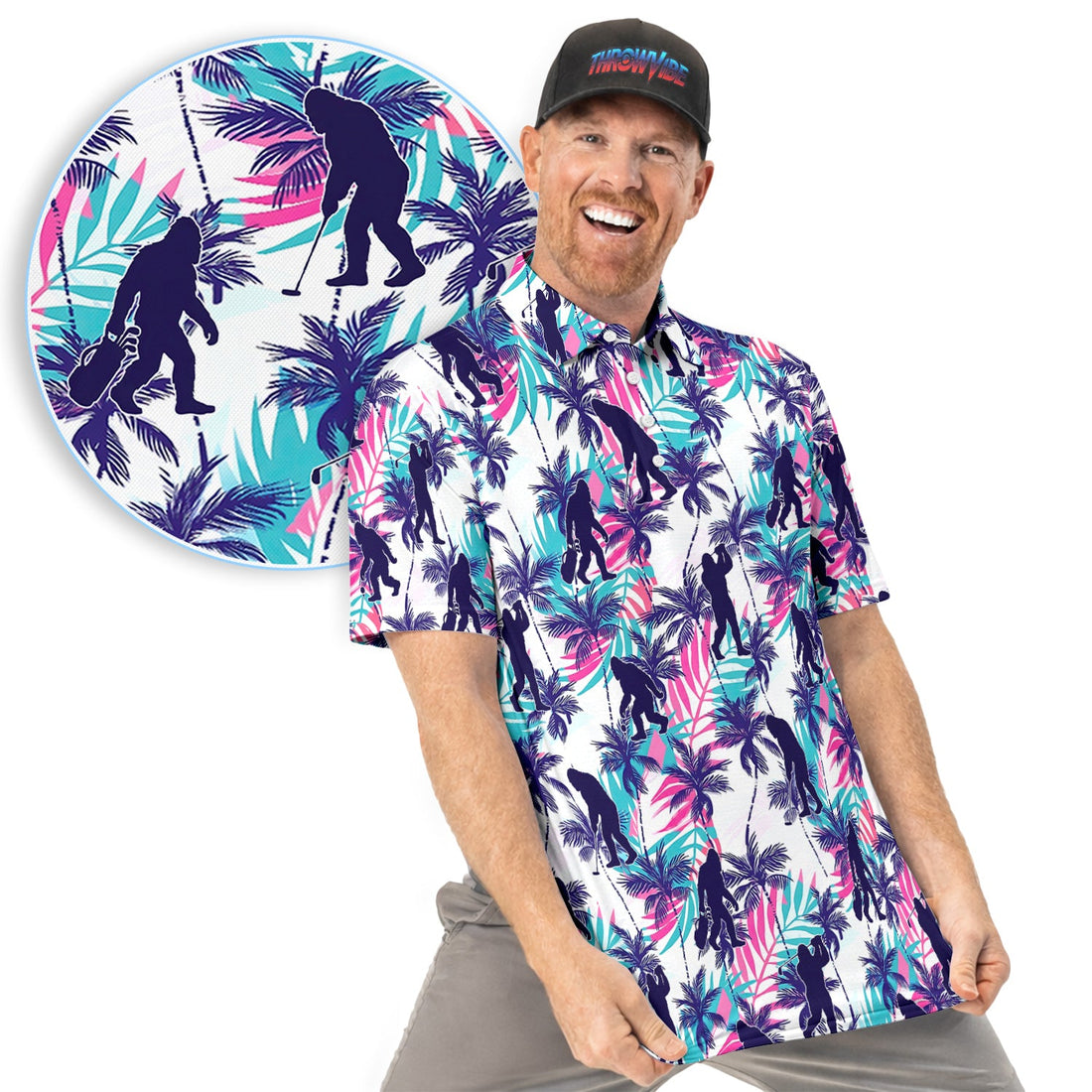Funny Bigfoot Golfer Tropical Pattern Golf Shirt, Sasquatch Palm Golf Shirt For Men, Golfer Gift