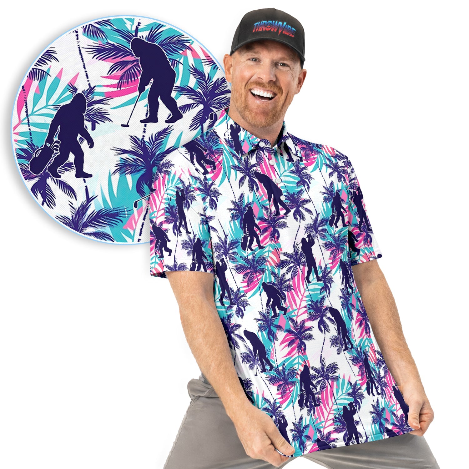 Funny Bigfoot Golfer Tropical Pattern Golf Shirt, Sasquatch Palm Golf Shirt For Men, Golfer Gift