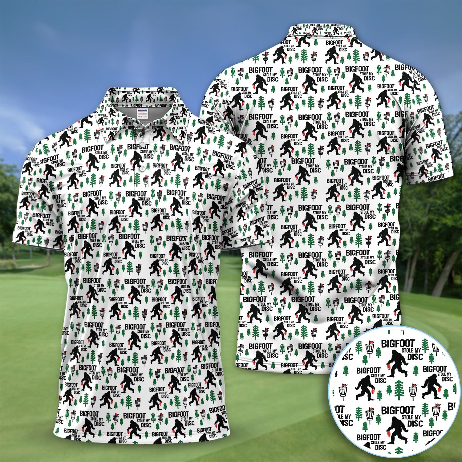 Funny Disc Golf Polo Shirt, Bigfoot Sasquatch Disc Golfer Gift Shirt for Men