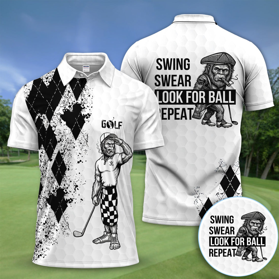Funny Bigfoot Golfer Polo Shirt, Swing Swear Repeat Graphic Polo For Men, Unique Sasquatch Golf Outfit