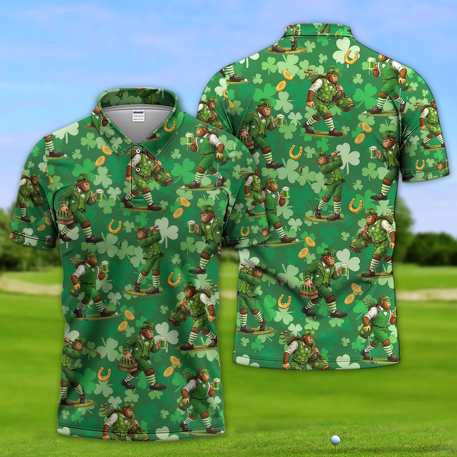 St. Patrick’s Day Bigfoot Leprechaun Golf Polos, Funny Irish Green Golf Shirt For Golfer, Golf Gift For Men