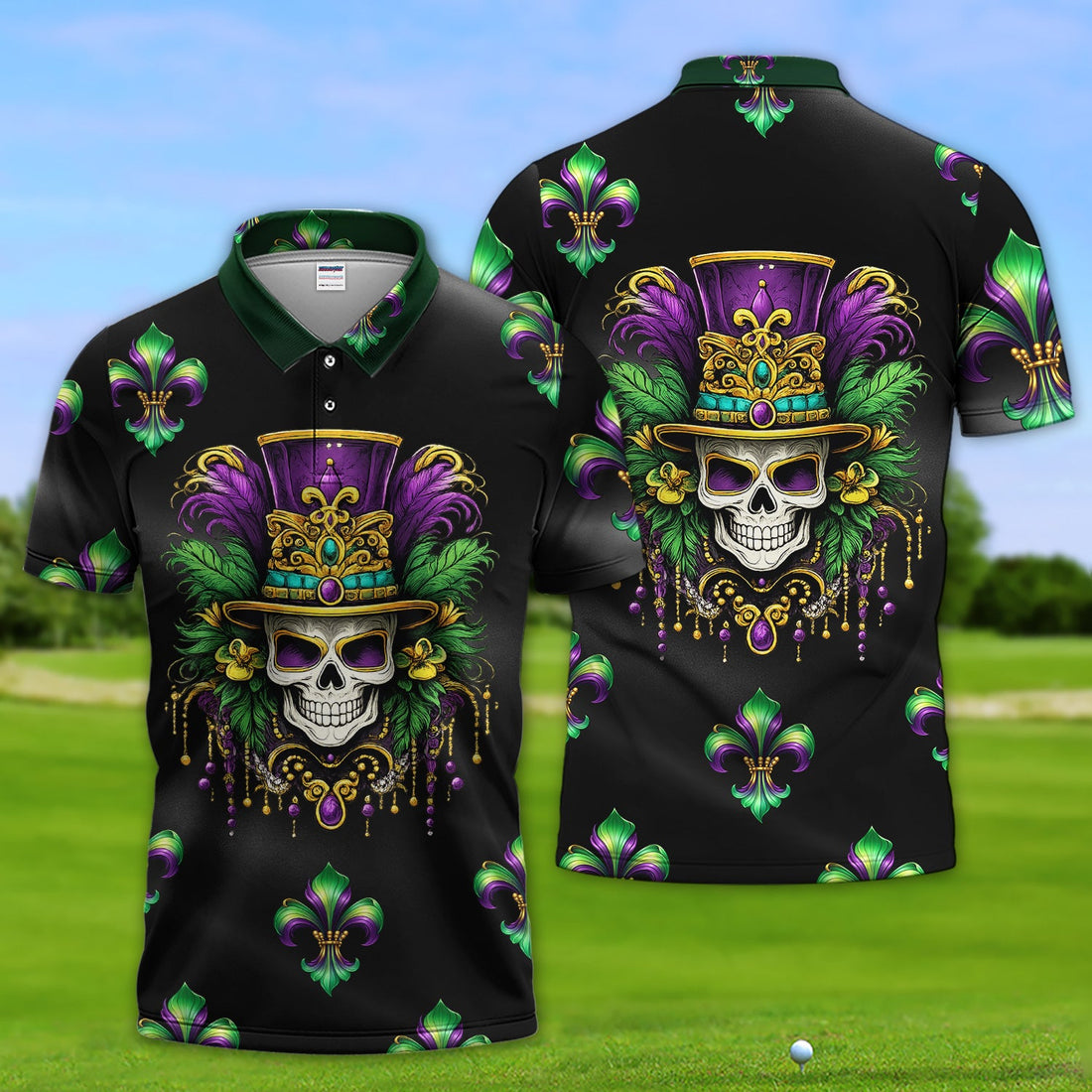 Mardi Gras Mask Skull Pattern Golf Shirt, Carnival Golf Polos For Men, Golf Gift For Golfer