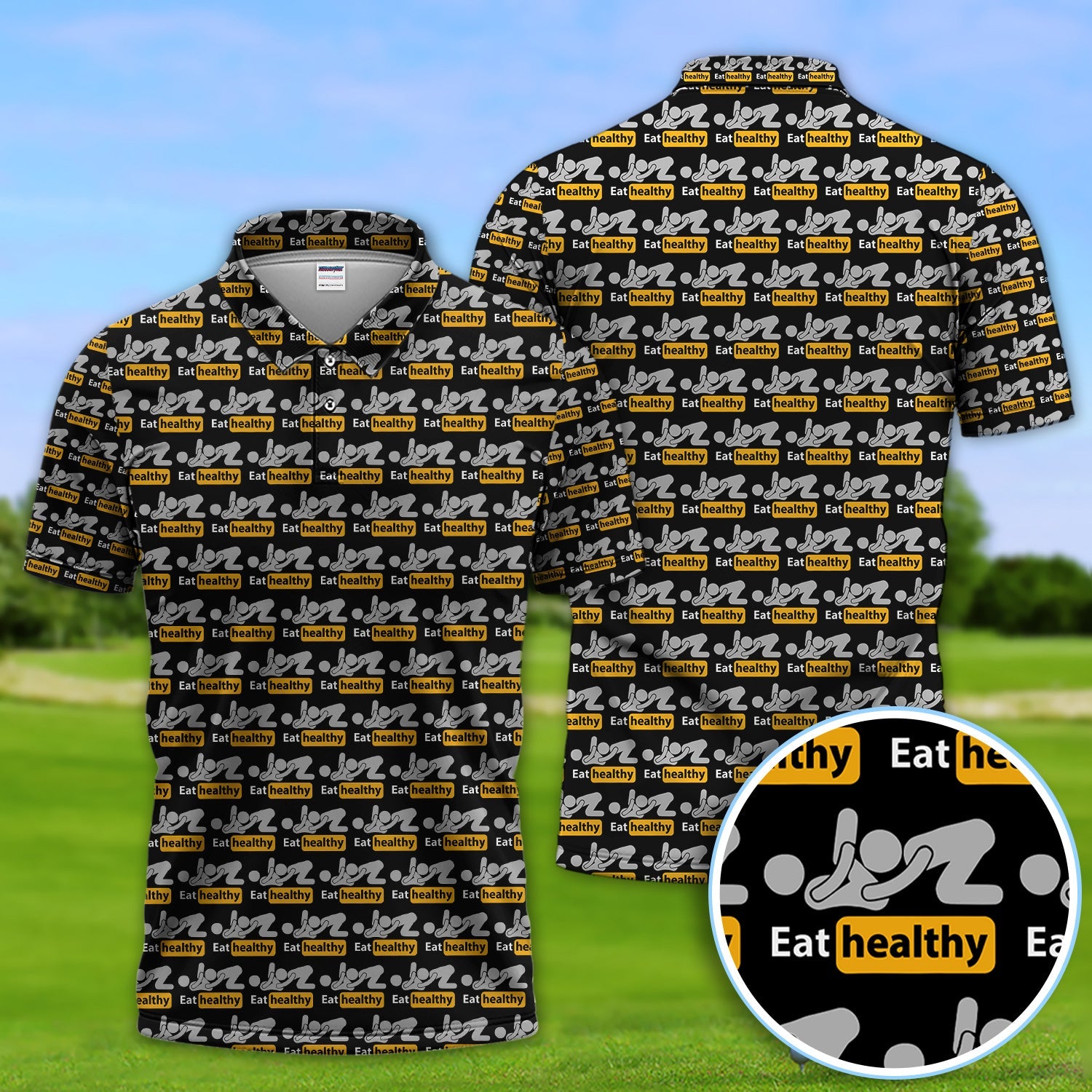 Eat Healthy Pattern Golf Polos, Crazy Modern Lifestyle Golf Shirt For Men, Golf Gift For Golfer