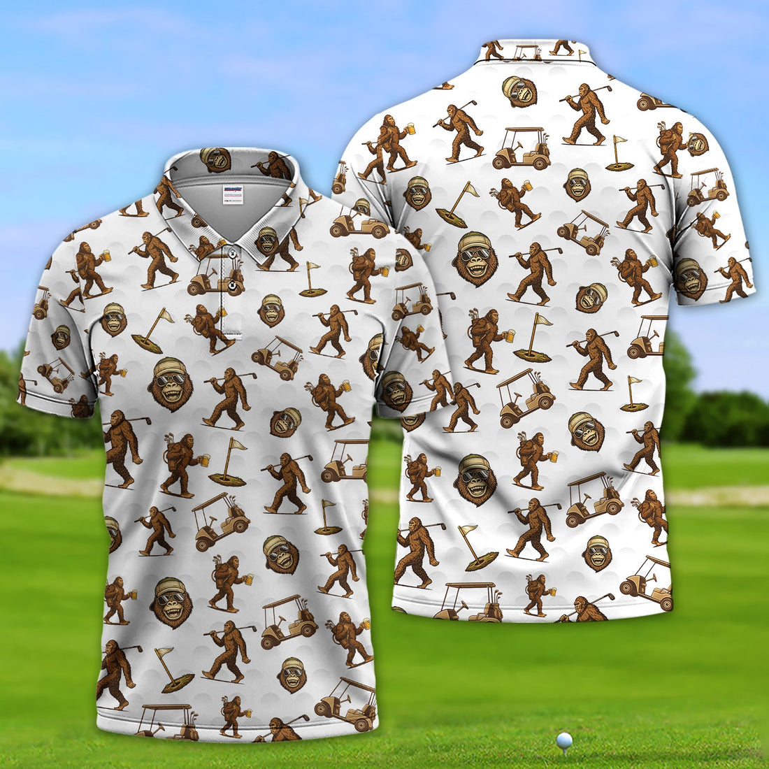 Sasquatch Pattern Golf Shirt For Men, Crazy Bigfoot Golf Polos, Funny Golf Gift For Golfer