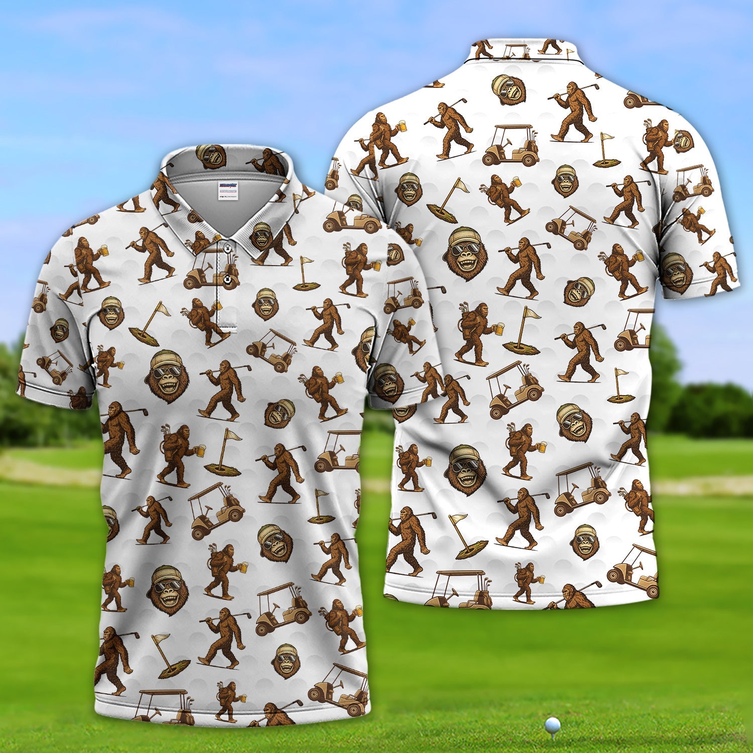 Sasquatch Pattern Golf Shirt For Men, Crazy Bigfoot Golf Polos, Funny Golf Gift For Golfer