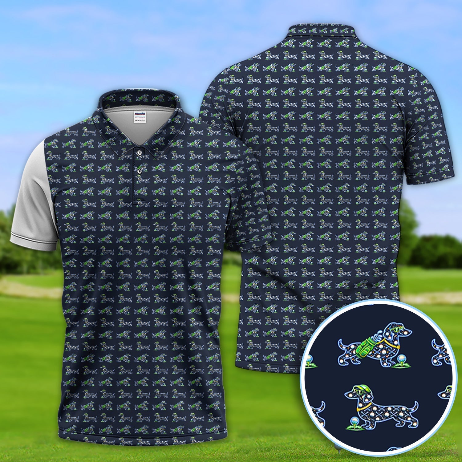 Funny Dachshund Pattern Golf Polos, Wiener Dog Golf Shirt For Golfer, Golf Gift For Men