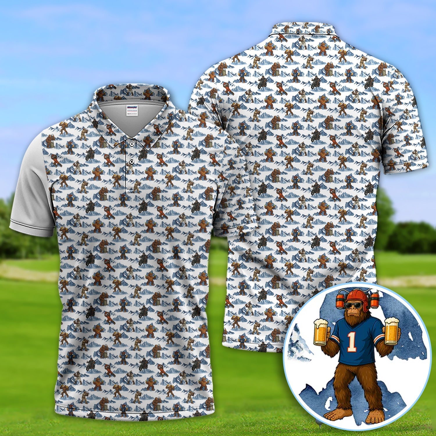 Bigfoot Pattern Golf Shirt, Sasquatch And Beer Golf Shirt For Men, Gift For Golfer