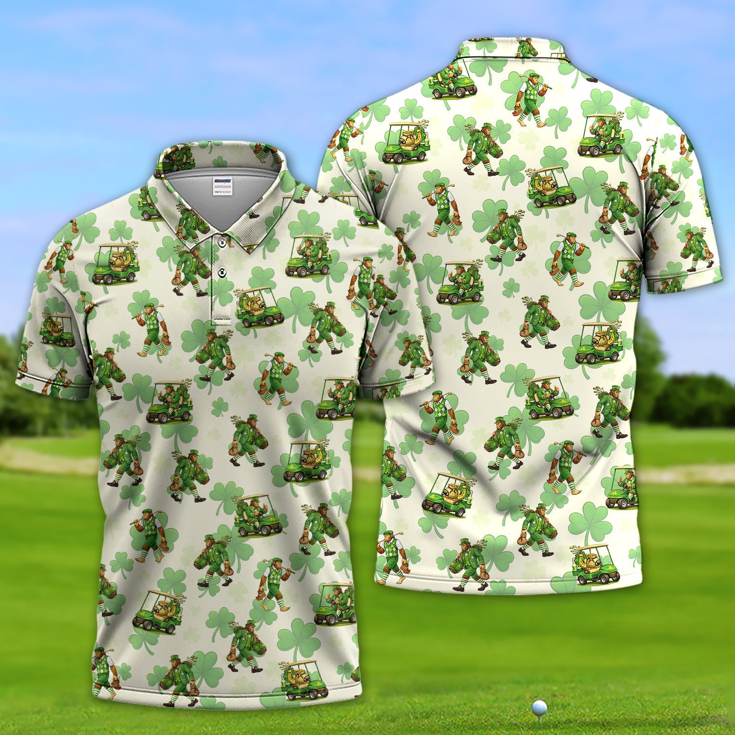 Funny Bigfoot Golf Polos For Men, St. Patrick’s Day Pattern Golf Shirt, Golf Gift For Golfer